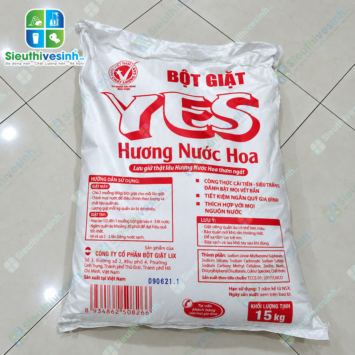 Bột Giặt YES 15kg – quy cách lớn, phù hợp giặt quần áo và đồ vải với tần suất thường xuyên.