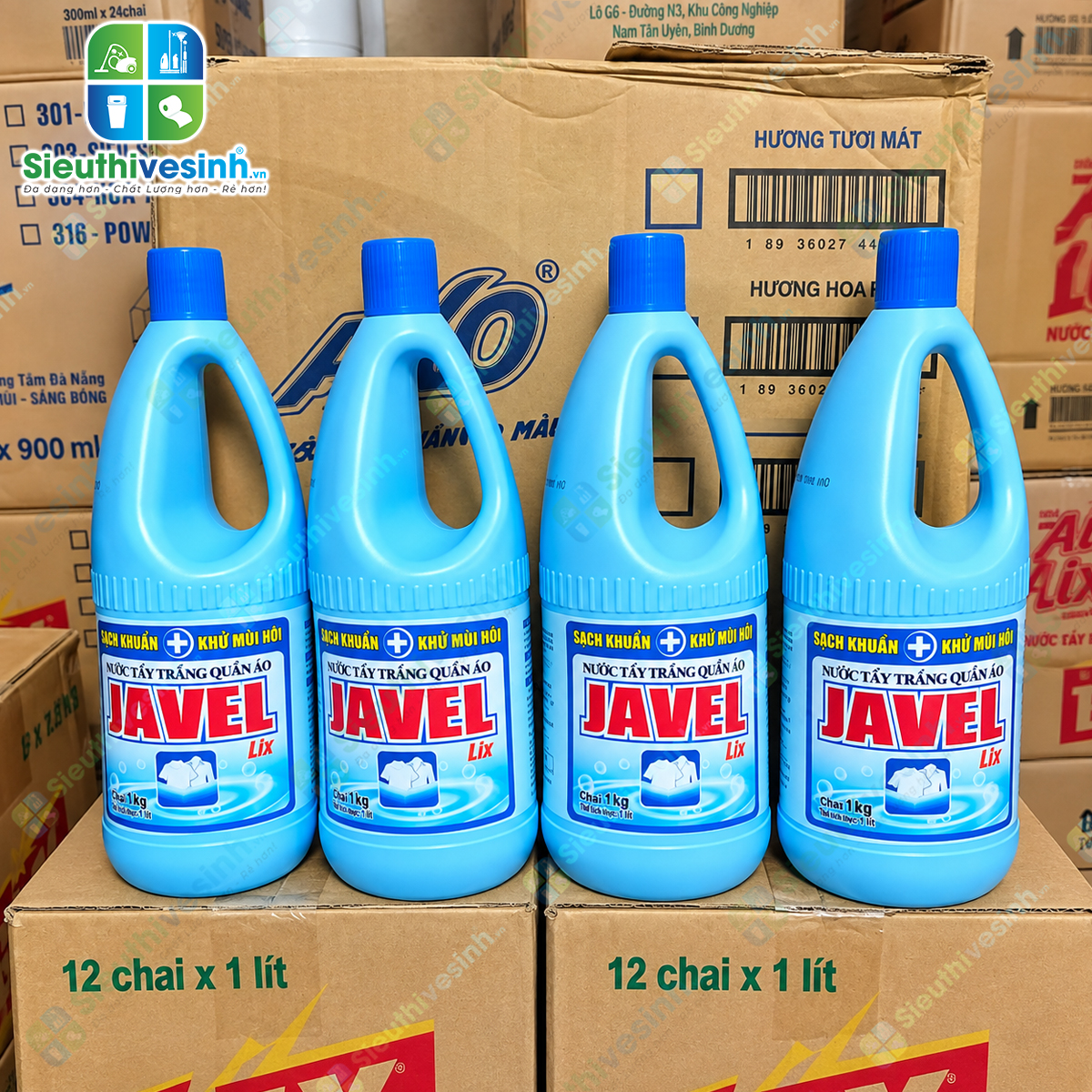 Nước Tẩy Trắng Quần Áo Lix Javel 1kg – hỗ trợ tẩy trắng quần áo trắng, xử lý vết ố vàng và vết bẩn cứng đầu.