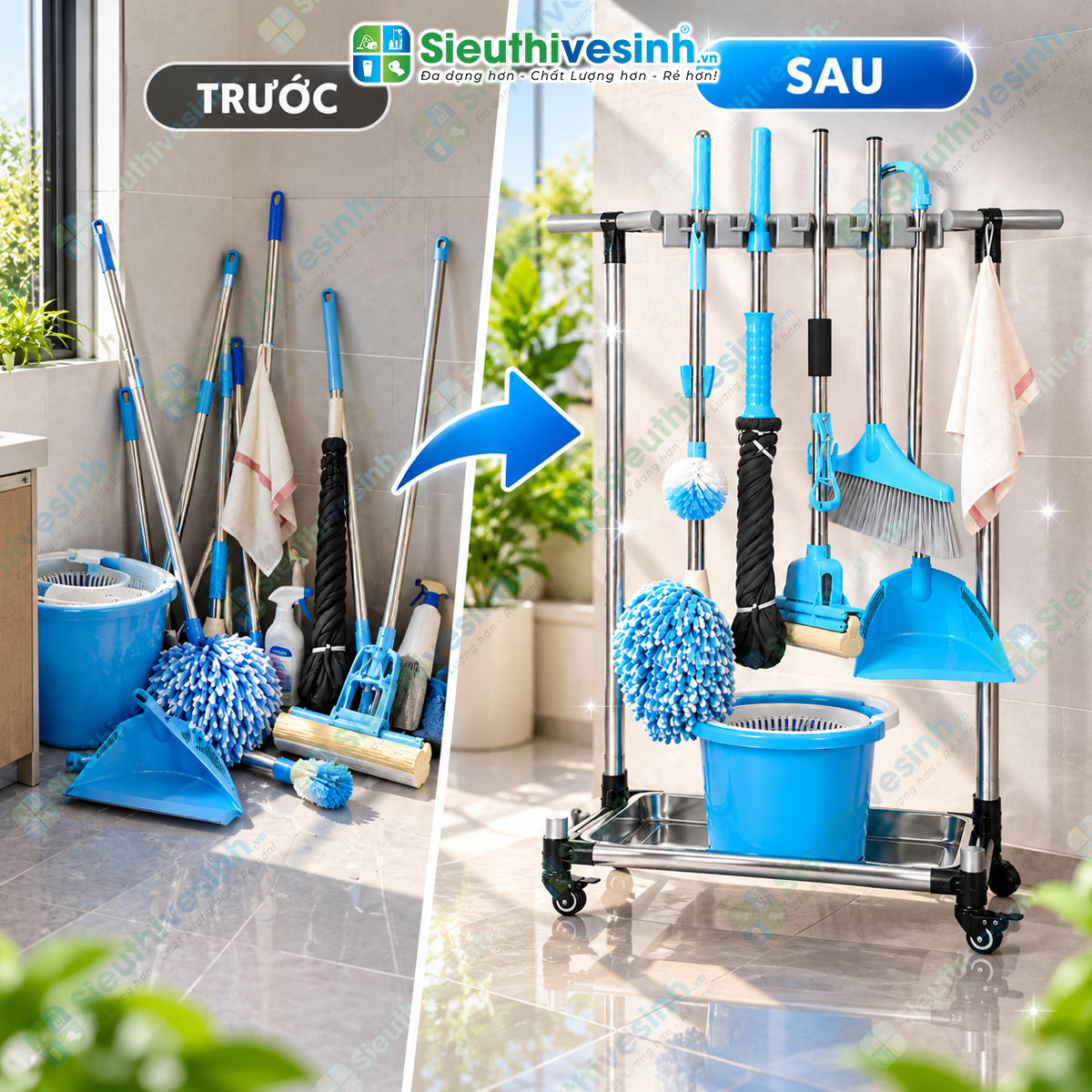 Giá treo cây lau nhà FY0506H dùng để treo và sắp xếp chổi, cây lau nhà, cây gạt nước và dụng cụ vệ sinh.