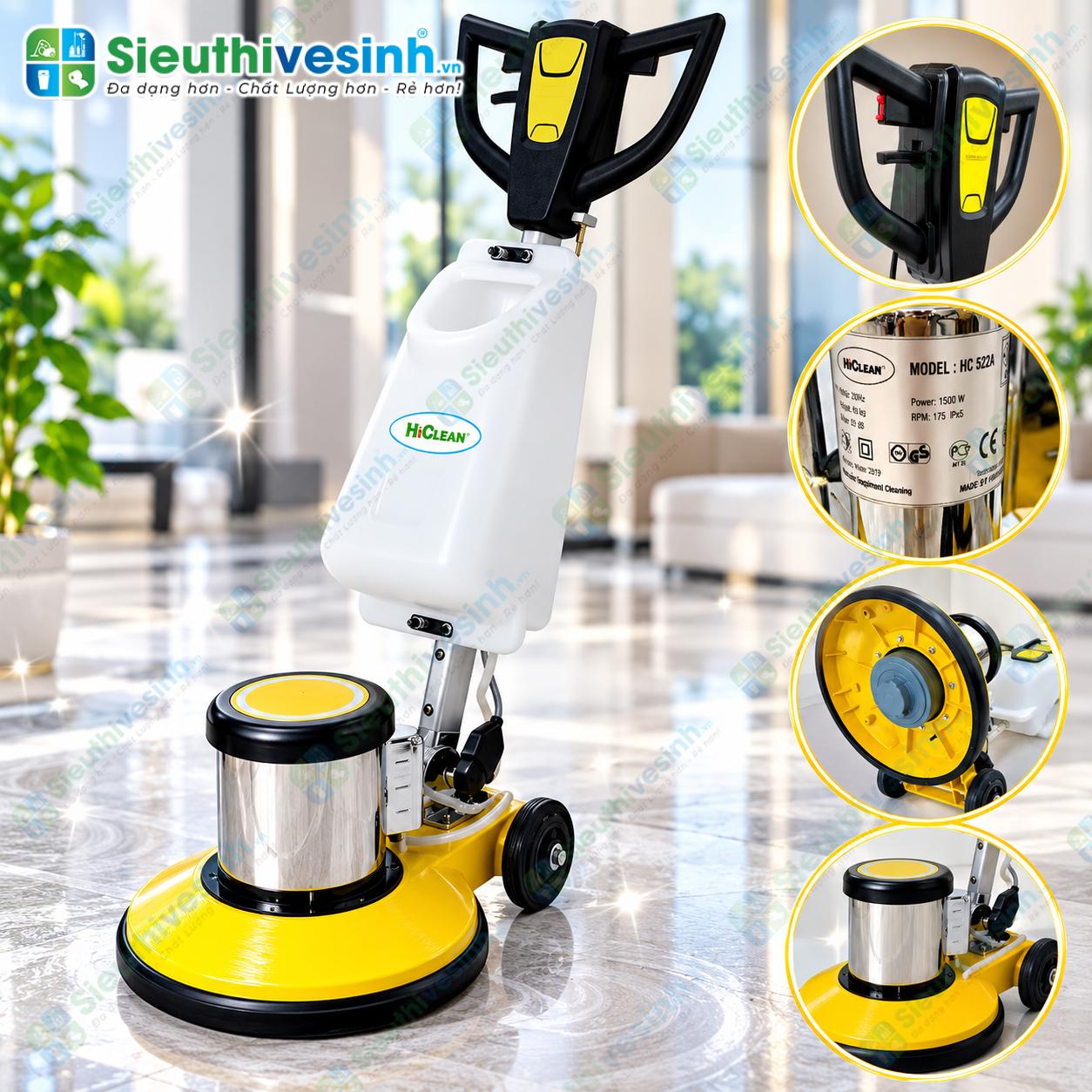 Máy chà sàn công nghiệp HiClean HC522A 1500W dùng chà sàn, giặt thảm và đánh bóng sàn.