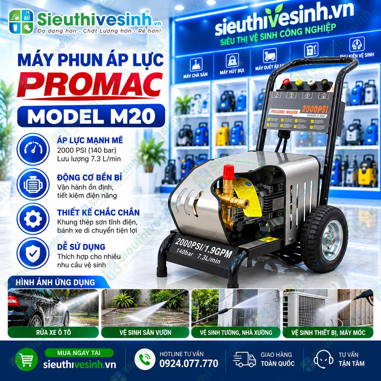 Máy phun áp lực PROMAC M20 2500W dùng rửa xe và vệ sinh công nghiệp.
