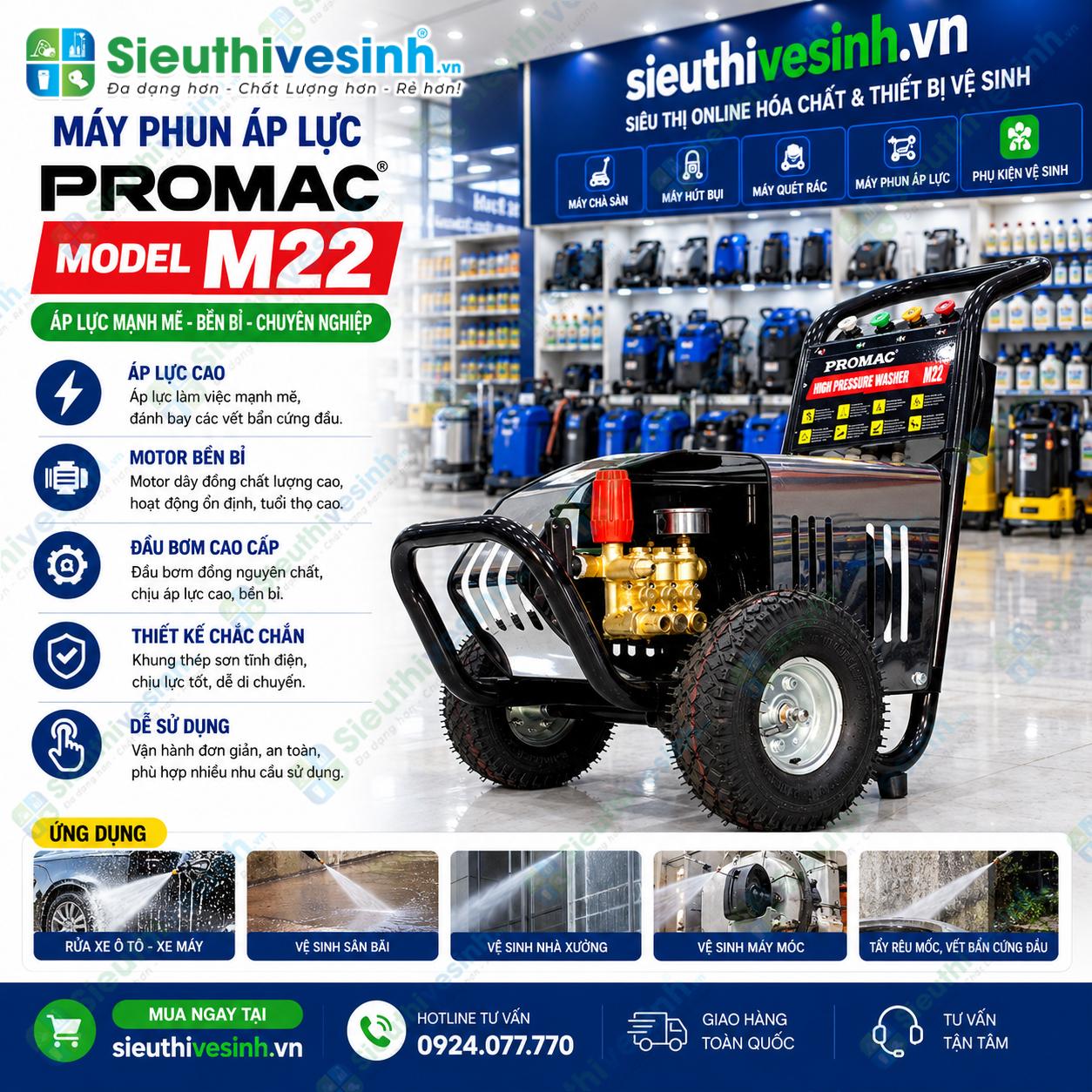 Máy phun áp lực Promac Model M22 2200W dùng xịt rửa xe và vệ sinh công nghiệp.