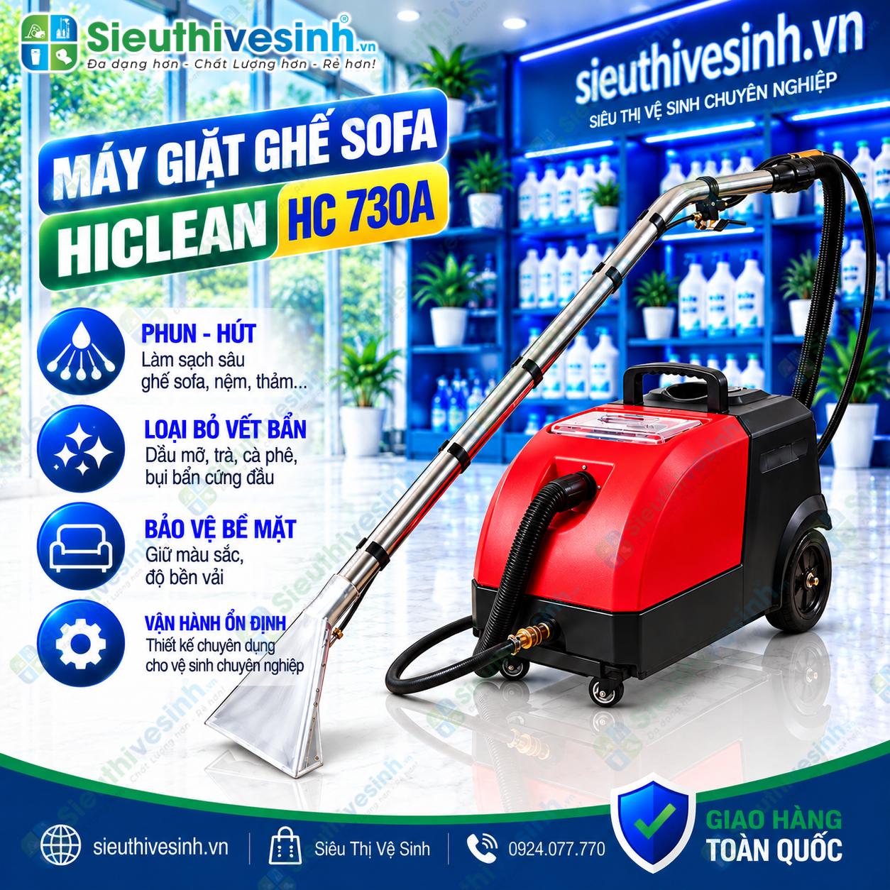 Máy giặt ghế sofa HiClean HC 730A dùng để phun hút vệ sinh ghế sofa, nệm, thảm và bề mặt vải phù hợp.