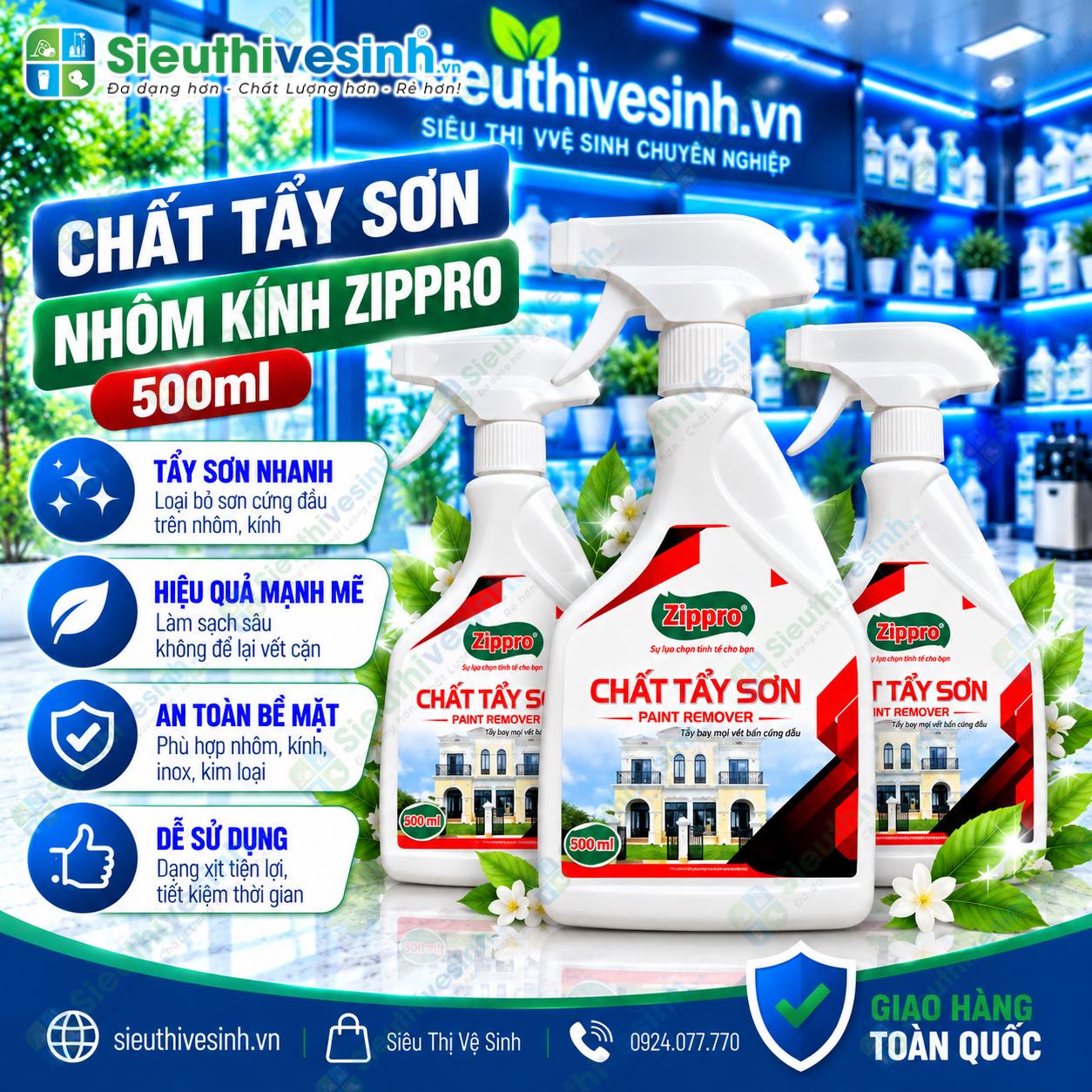 Dung dịch Zippro tẩy vết sơn bám trên kính và khung nhôm