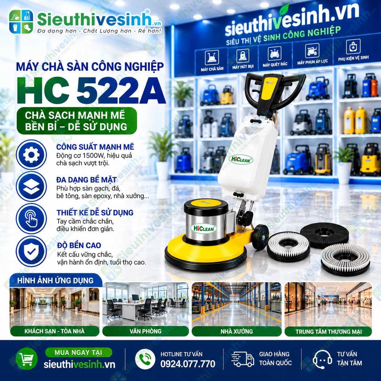 Máy chà sàn công nghiệp HiClean HC522A 1500W dùng chà sàn, giặt thảm và đánh bóng sàn.