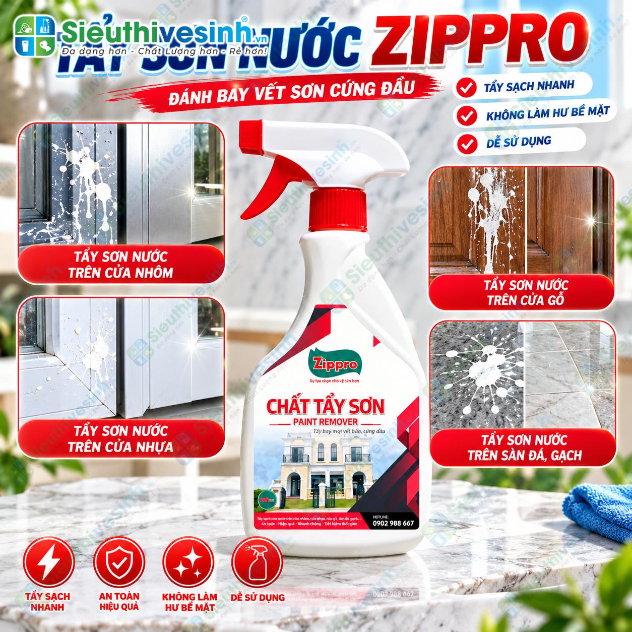 Dung dịch Zippro tẩy vết sơn bám trên kính và khung nhôm