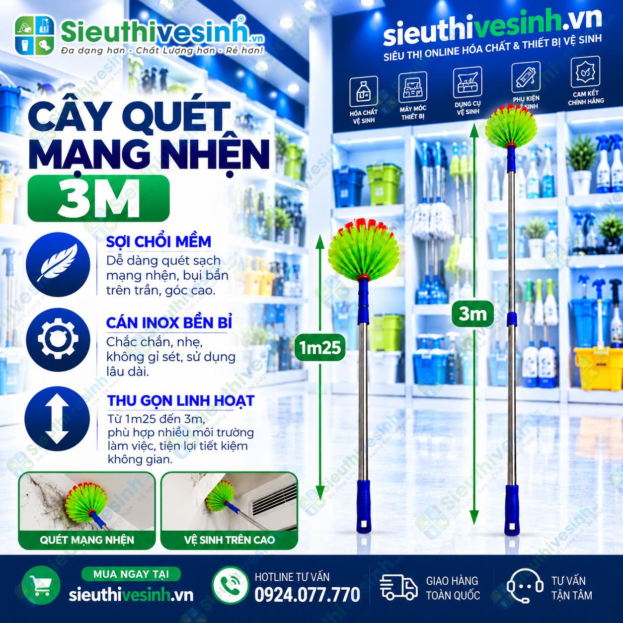 Chổi quét mạng nhện 3 mét cán inox rút gọn