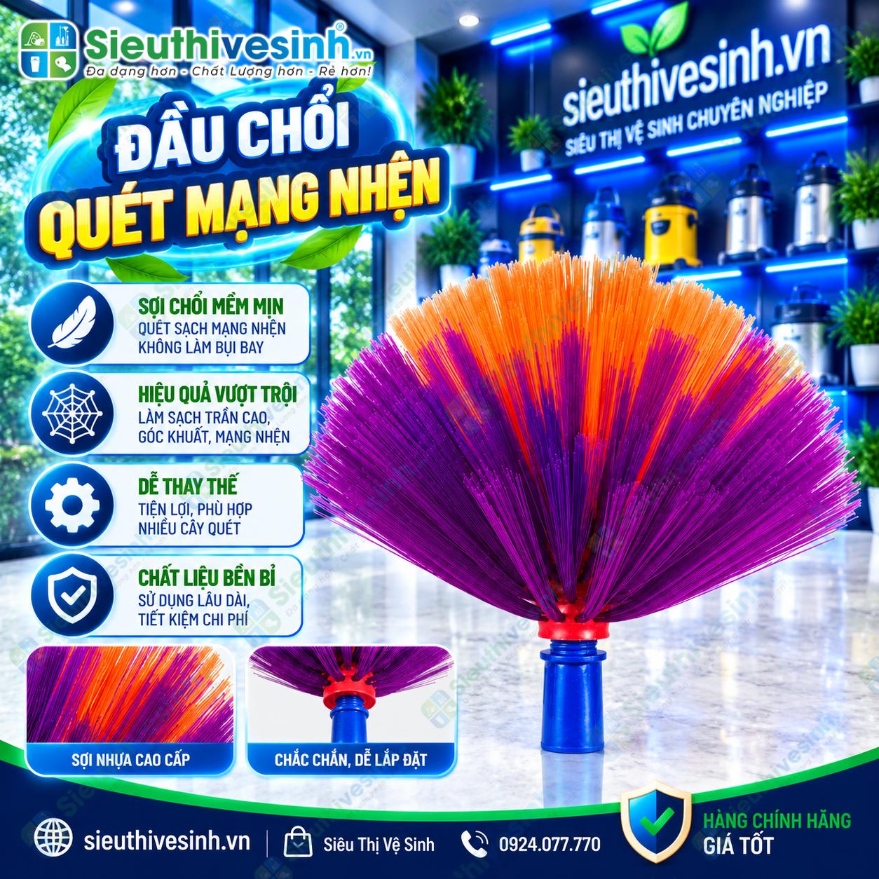 Đầu chổi cước quét mạng nhện thay thế cho cán chổi