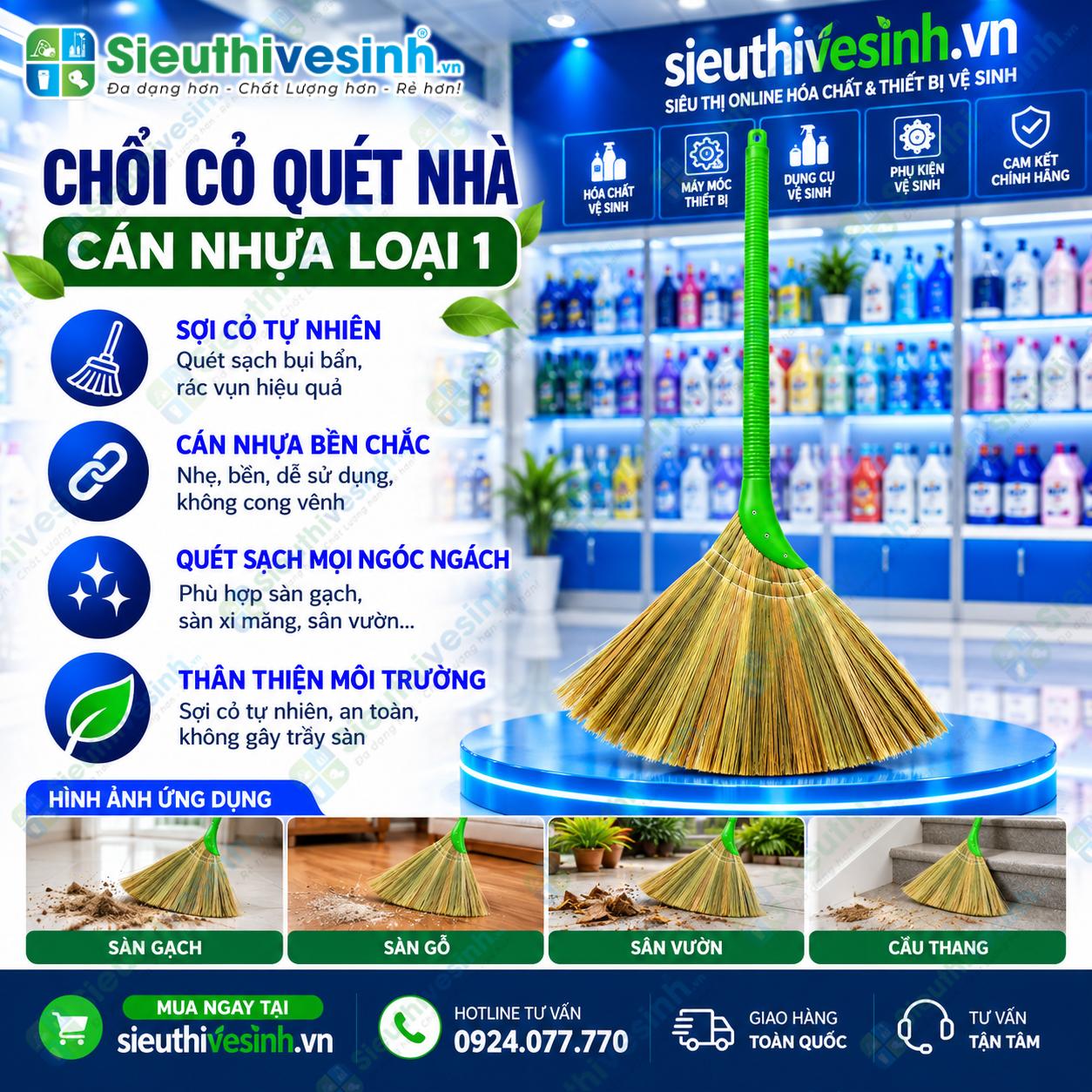 Chổi Cỏ Quét Nhà Cán Nhựa Loại 1