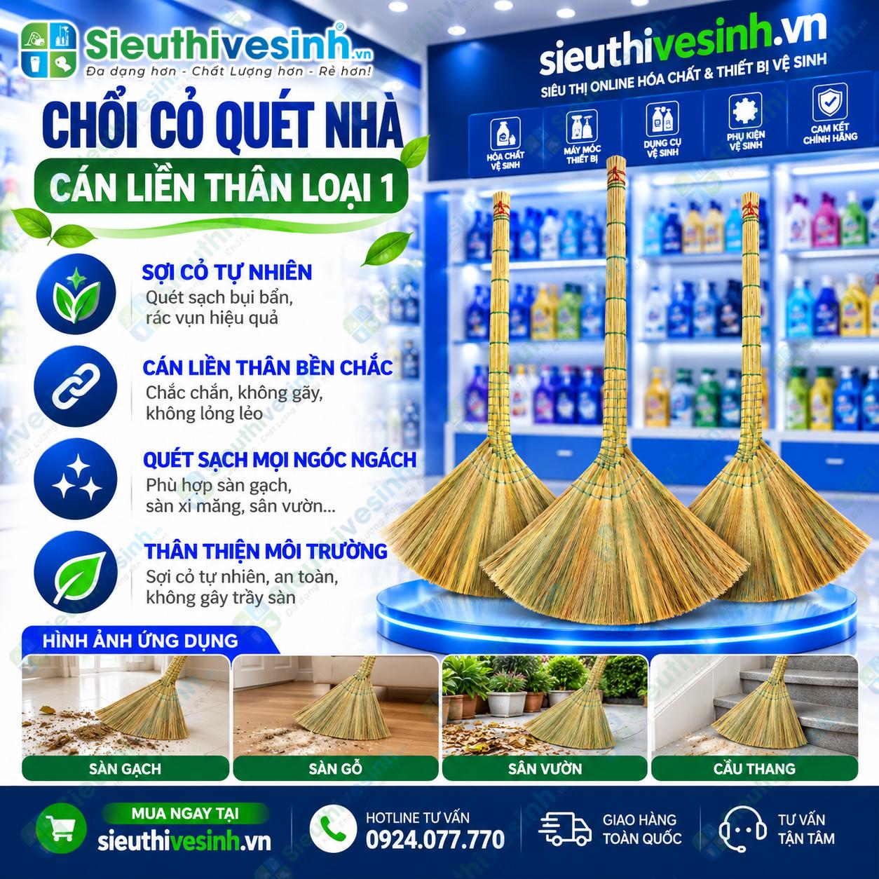 Chổi Cỏ Quét Nhà Cán Liền Thân Loại 1