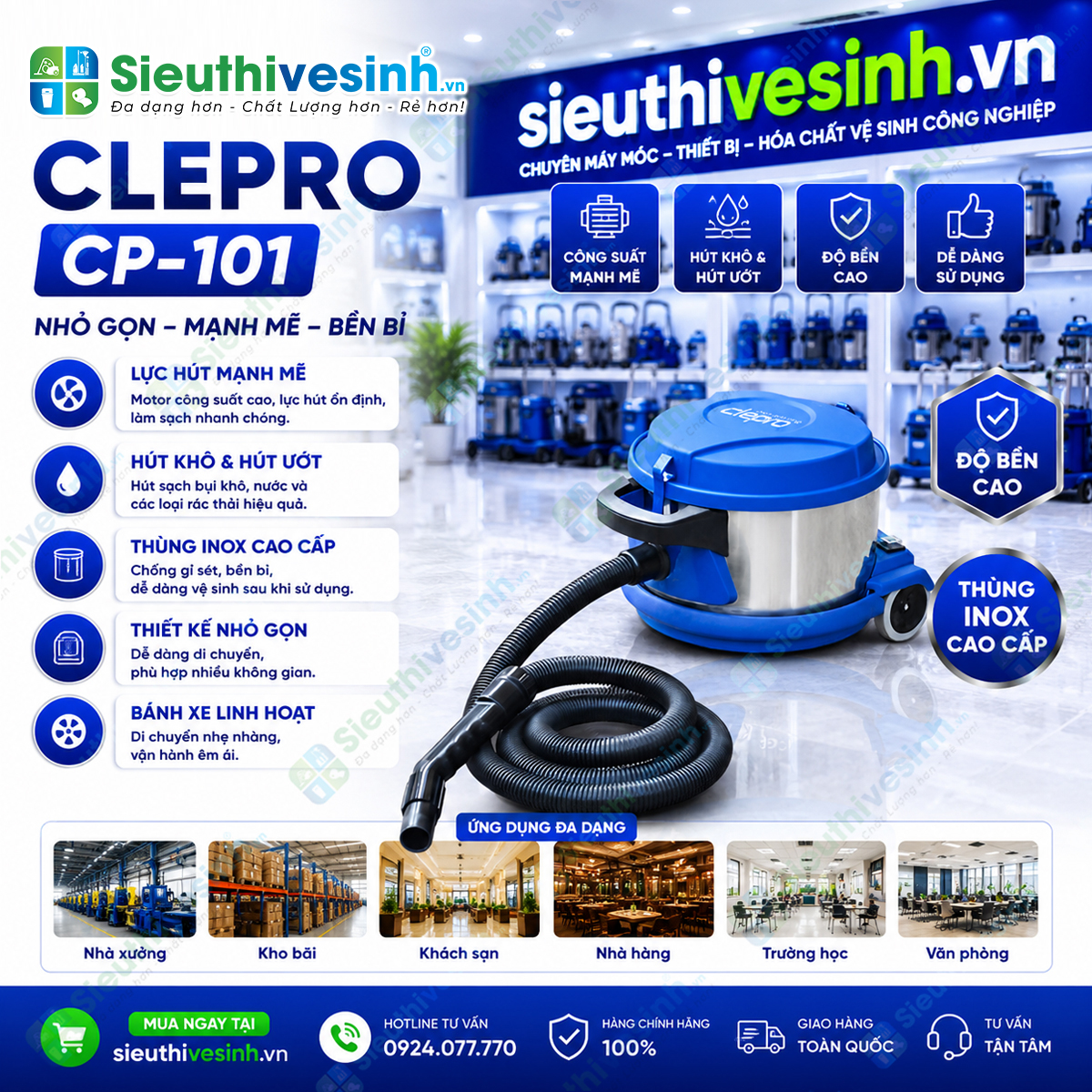 Máy hút bụi không ồn Clepro CP-101 được thiết kế dành riêng cho khách sạn, văn phòng và những khu vực yêu cầu môi trường làm việc yên tĩnh.