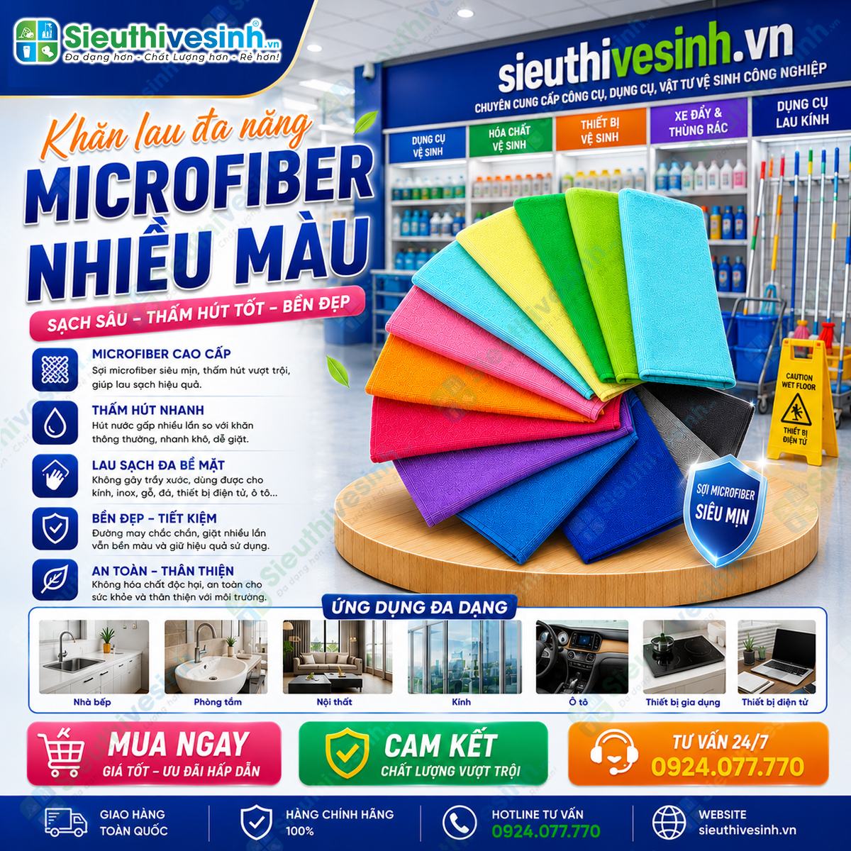 Khăn lau đa năng Microfiber 35x35cm nhiều màu, mềm mại, siêu thấm hút, phù hợp cho vệ sinh gia đình và công nghiệp.