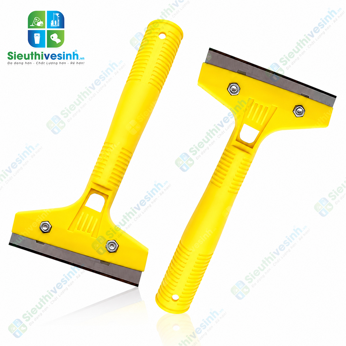 Cây sủi sơn cán ngắn màu vàng giúp cạo sạch sơn, keo, xi măng và các vết bẩn cứng đầu trên kính, gạch và inox một cách nhanh chóng.