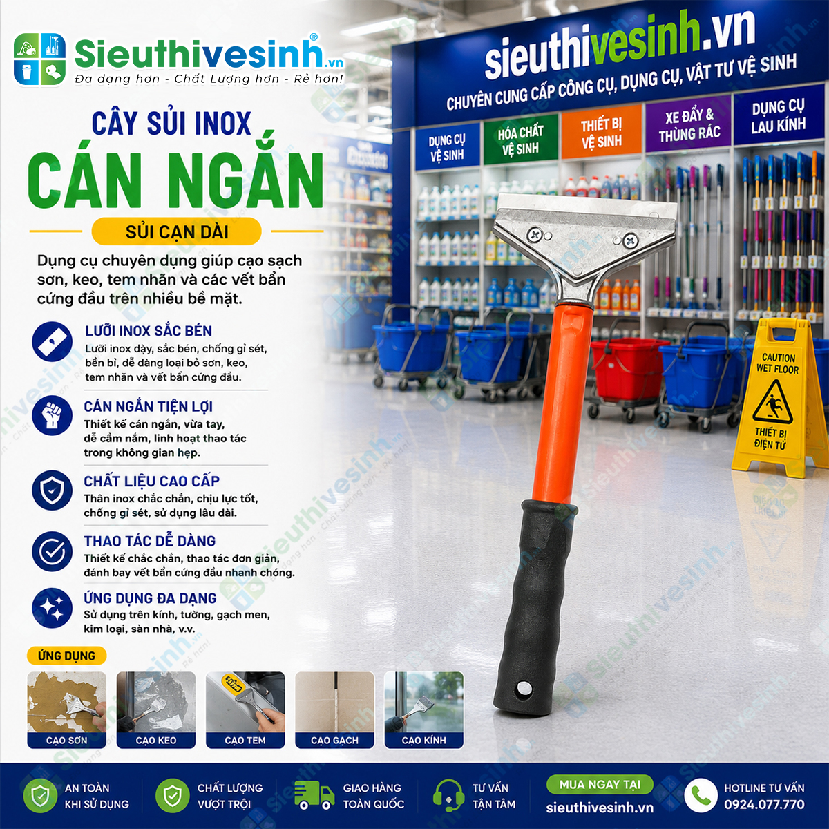 Cây sủi inox cán ngắn 30cm với lưỡi inox rộng 10cm giúp cạo sạch sơn, keo, silicon và xi măng trên kính, gạch men và inox.