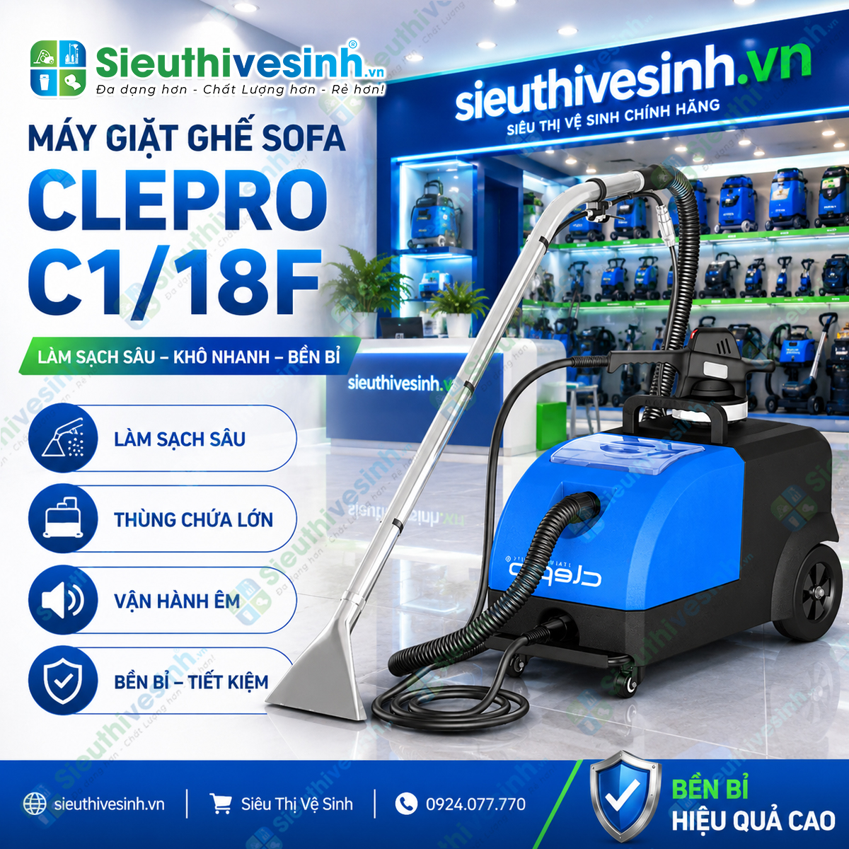 Máy giặt ghế Sofa CLEPRO C1/18F sử dụng công nghệ phun hút hiện đại giúp làm sạch sâu ghế sofa, thảm, nệm và nội thất ô tô.