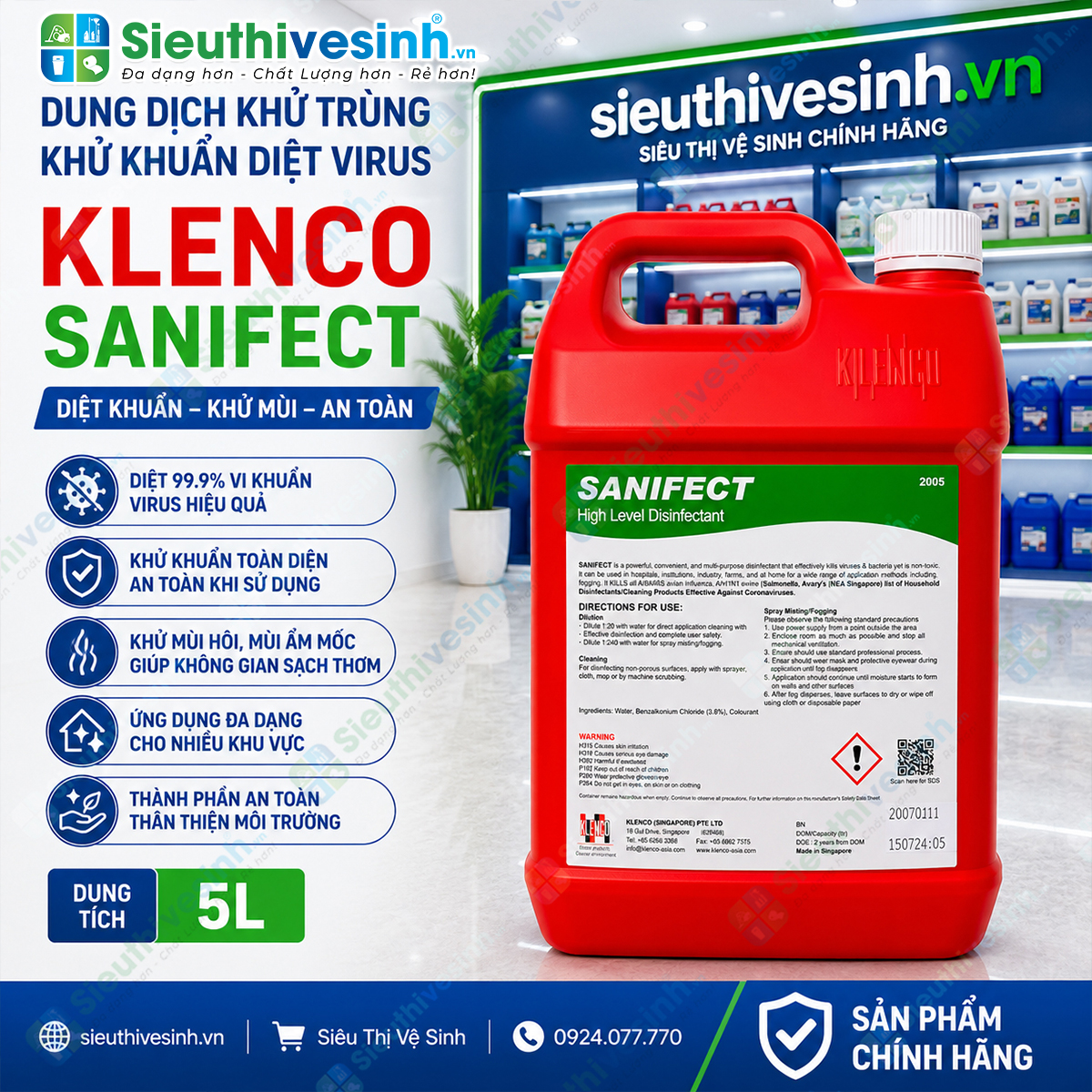 Klenco SANIFECT 5L là dung dịch khử trùng, khử khuẩn và khử mùi chuyên dụng, giúp làm sạch bề mặt và góp phần tạo môi trường vệ sinh an toàn.