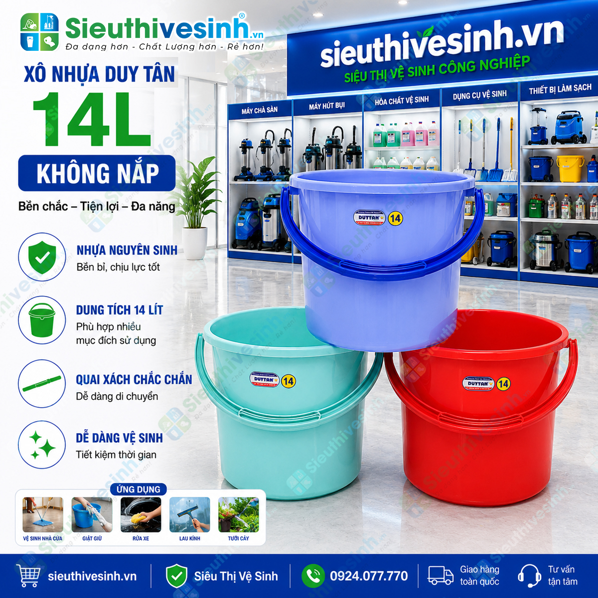 Xô nhựa vàng 10L không nắp được làm từ nhựa PP cao cấp, bền chắc, phù hợp sử dụng trong gia đình và vệ sinh công nghiệp.