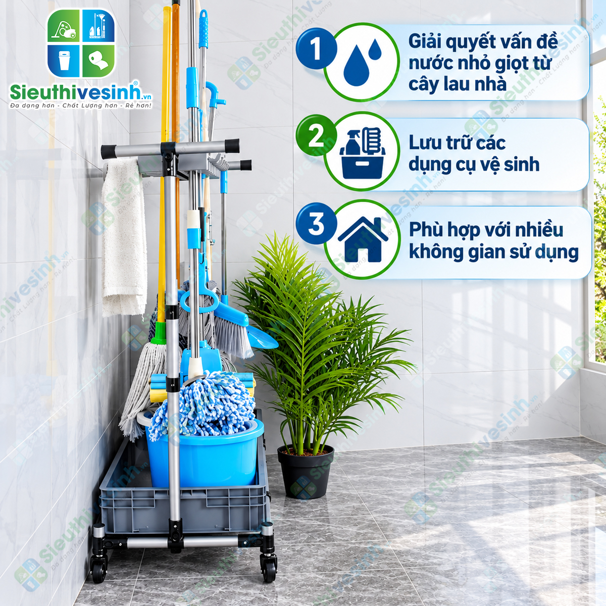 Giá treo cây lau nhà FY1012H dùng để treo, sắp xếp và trưng bày chổi, cây lau nhà, cây gạt nước và dụng cụ vệ sinh.