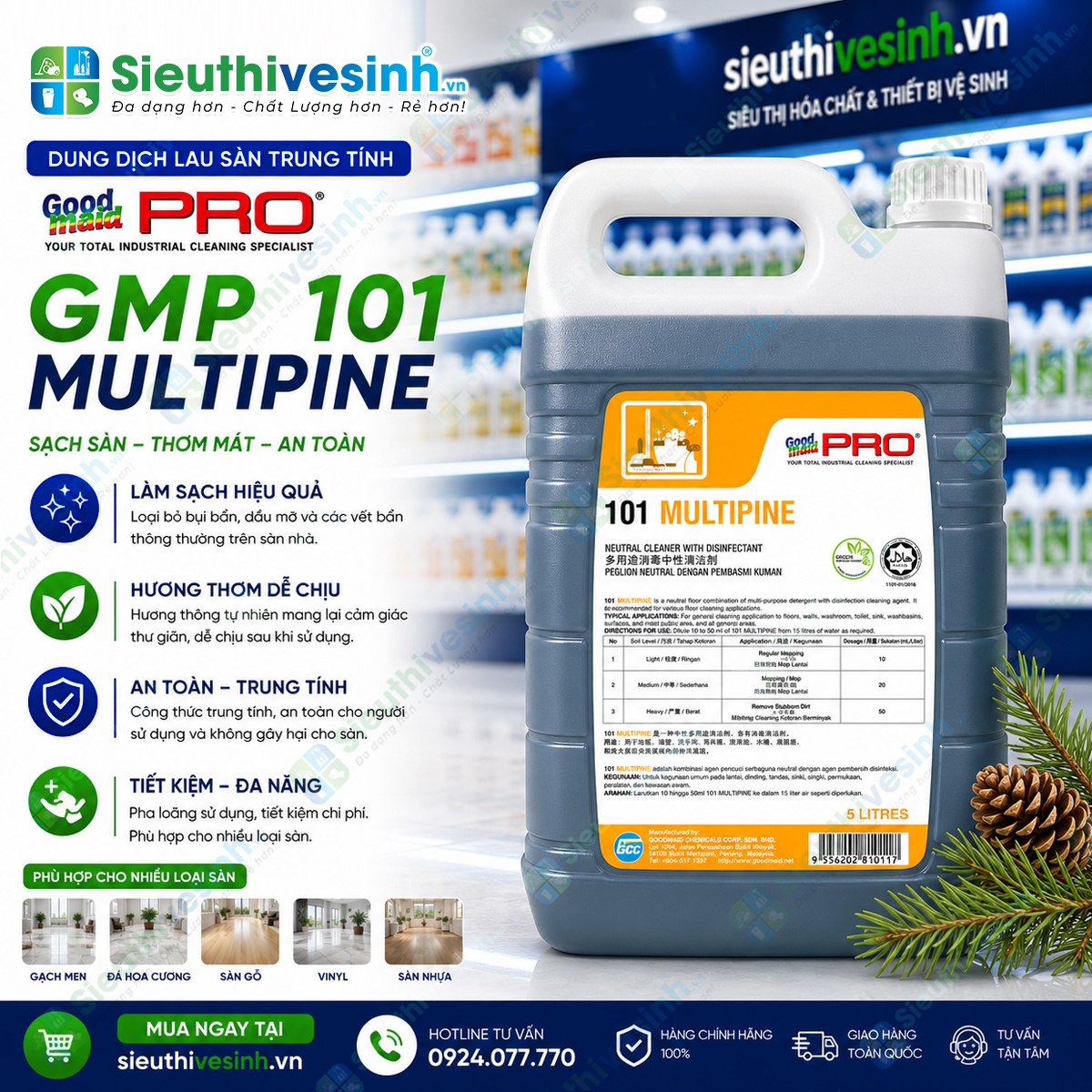 Nước lau sàn sát khuẩn trung tính Goodmaid PRO GMP 101 Multipine 5L