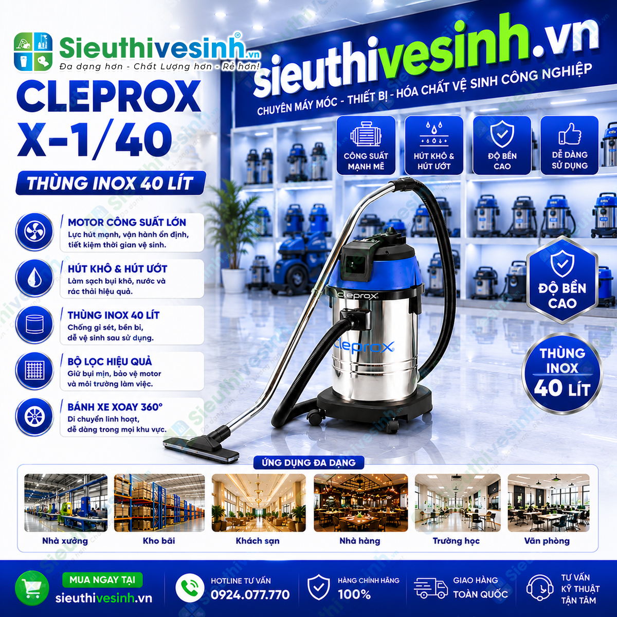 Máy hút bụi CleproX X-1/40 thùng inox công suất 1800W, hút bụi khô và hút nước hiệu quả, phù hợp cho vệ sinh công nghiệp và thương mại.