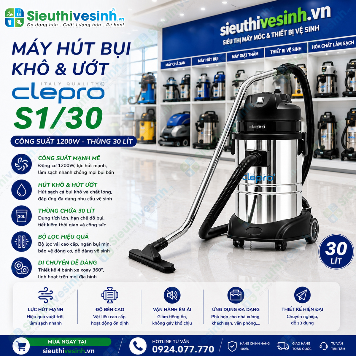 Máy hút bụi khô và ướt Clepro S1/30