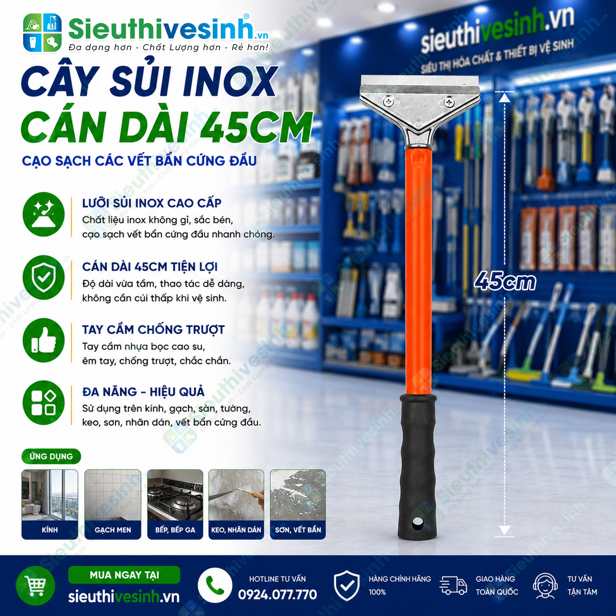Cây sủi kính cán dài 45cm với lưỡi inox rộng 10cm giúp cạo sạch sơn, keo, silicon và xi măng trên kính, gạch men và inox.