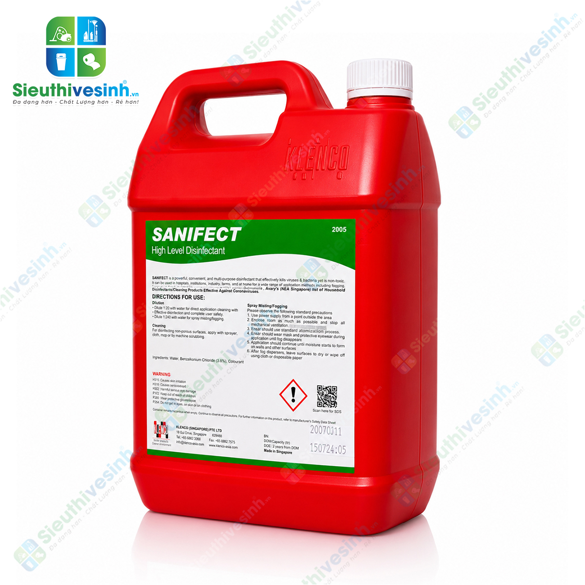 Klenco SANIFECT 5L là dung dịch khử trùng, khử khuẩn và khử mùi chuyên dụng, giúp làm sạch bề mặt và góp phần tạo môi trường vệ sinh an toàn.