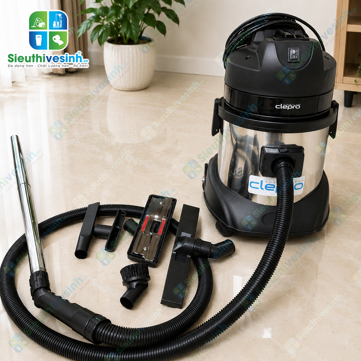 Máy hút bụi công nghiệp CLEPRO S1/15 dung tích 15 lít, công suất 1200W, chuyên dùng hút bụi khô và hút nước cho văn phòng, khách sạn và gia đình.