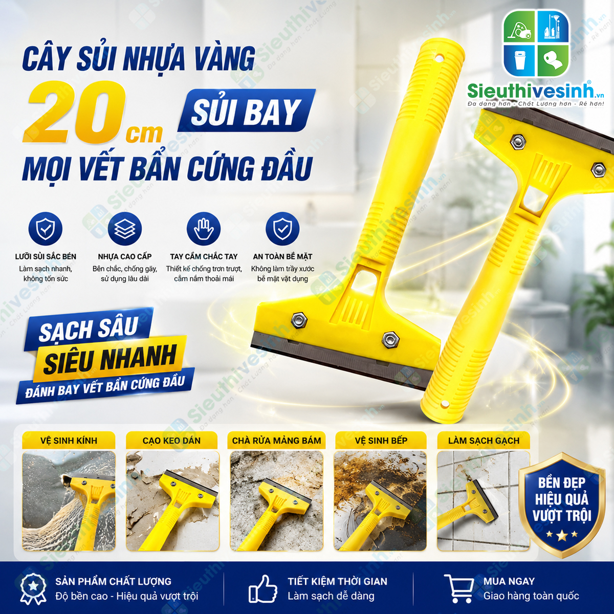 Cây sủi sơn cán ngắn màu vàng giúp cạo sạch sơn, keo, xi măng và các vết bẩn cứng đầu trên kính, gạch và inox một cách nhanh chóng.