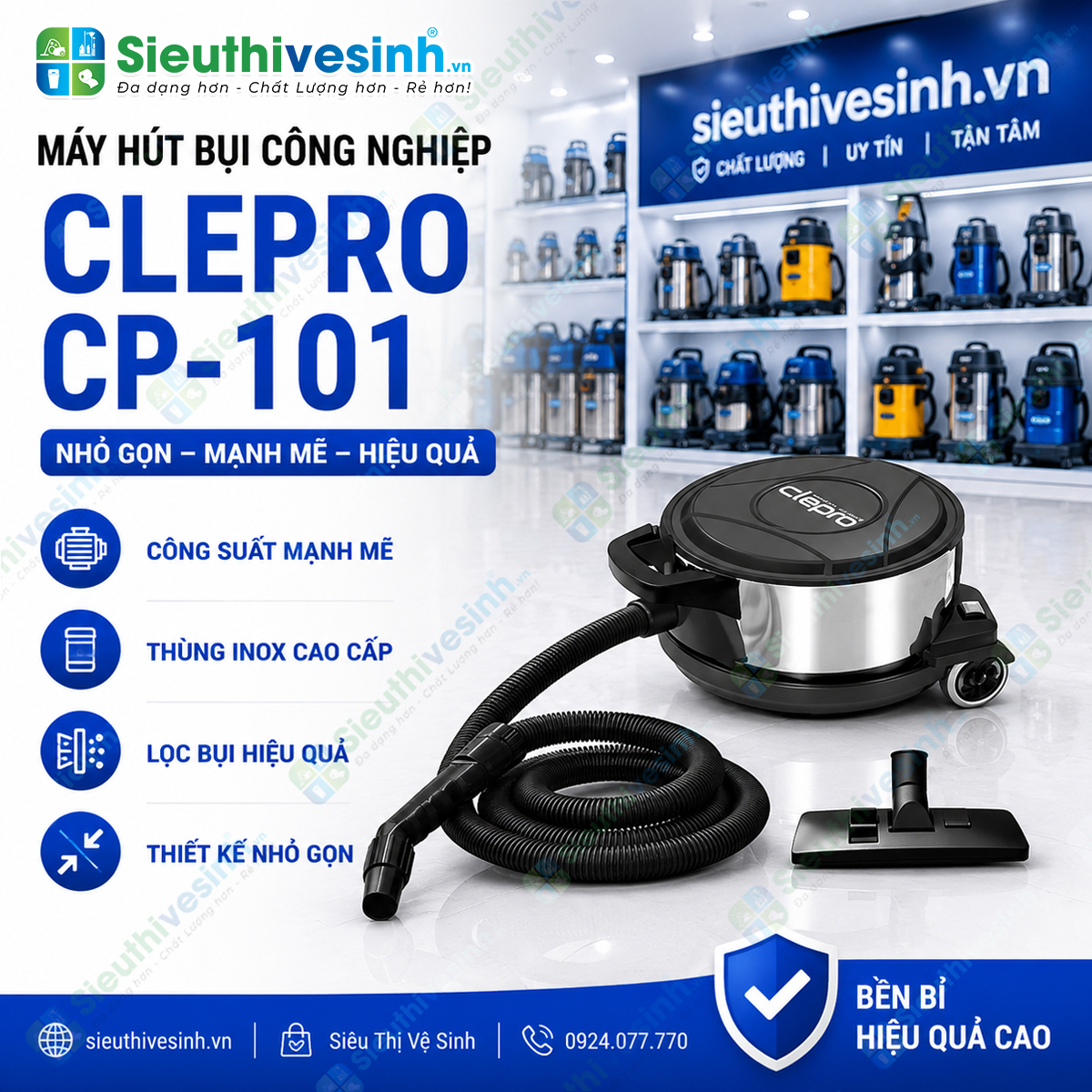 Máy hút bụi không ồn Clepro CP-101 được thiết kế dành riêng cho khách sạn, văn phòng và những khu vực yêu cầu môi trường làm việc yên tĩnh.