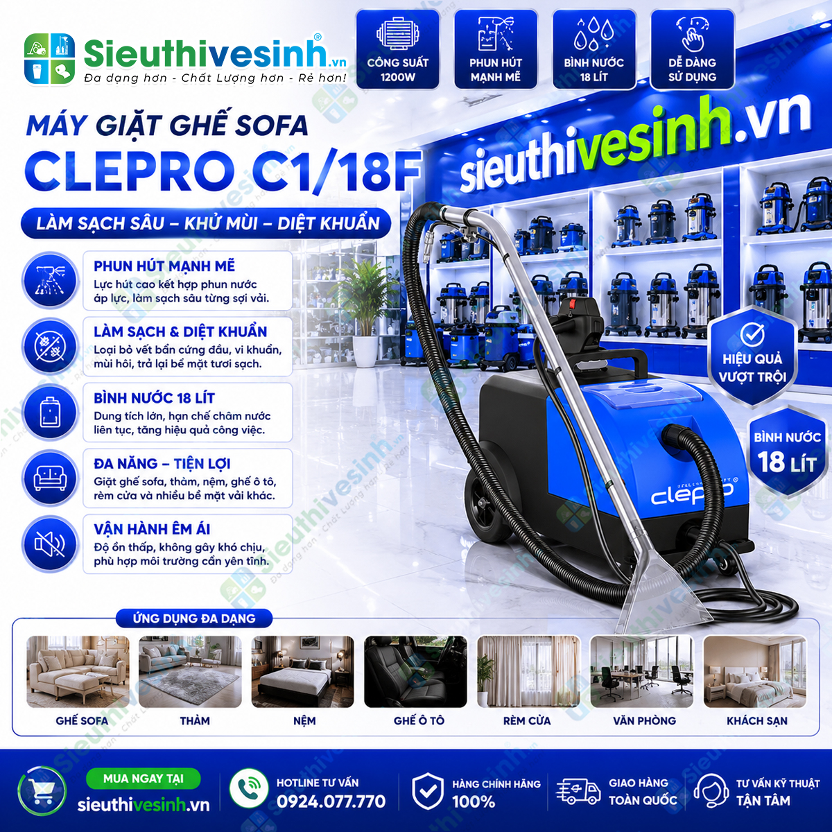 Máy giặt ghế Sofa CLEPRO C1/18F sử dụng công nghệ phun hút hiện đại giúp làm sạch sâu ghế sofa, thảm, nệm và nội thất ô tô.