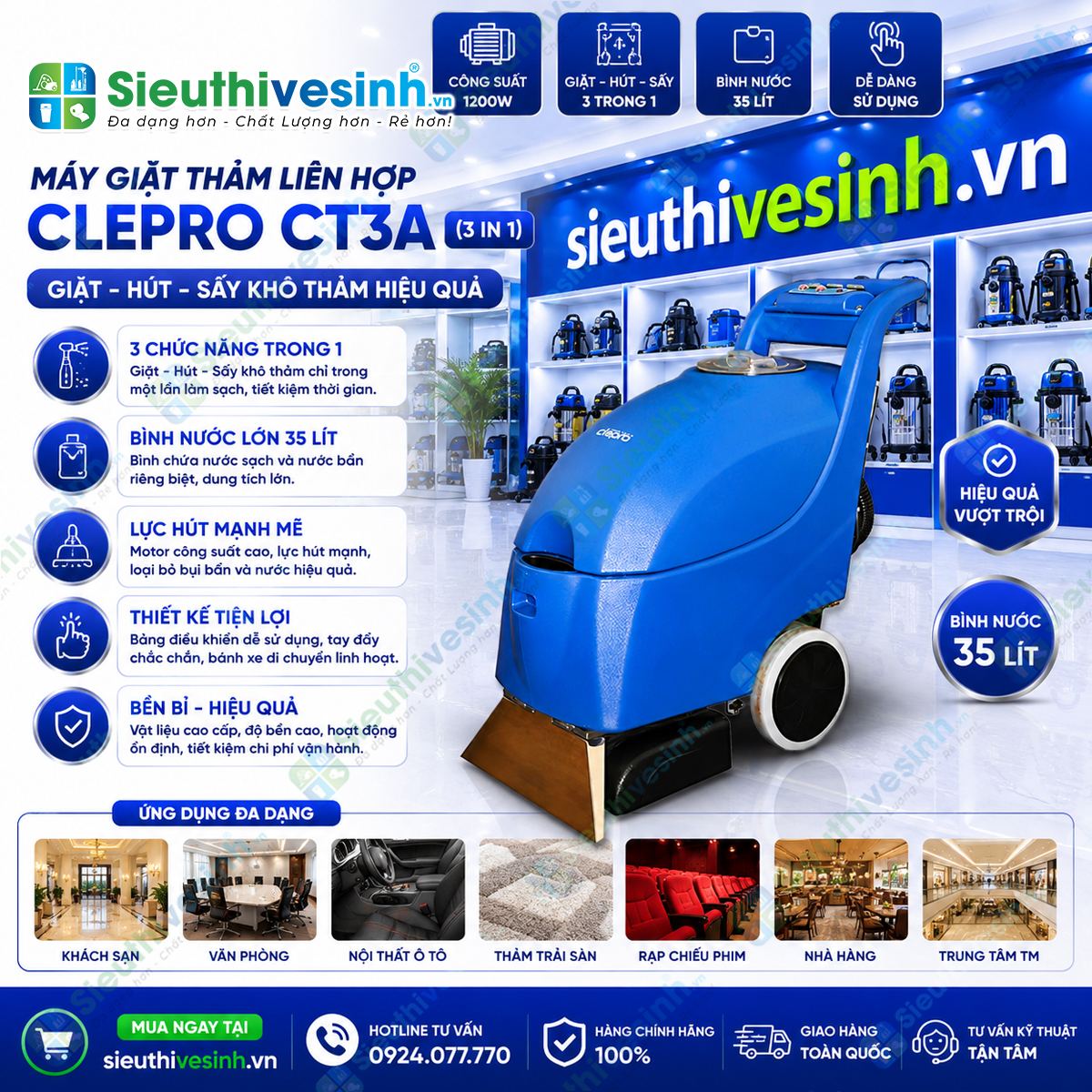 Máy giặt thảm liên hợp CLEPRO CT3A (3 In 1) tích hợp chức năng phun hóa chất, chà thảm và hút nước bẩn giúp làm sạch nhanh, chuyên nghiệp.