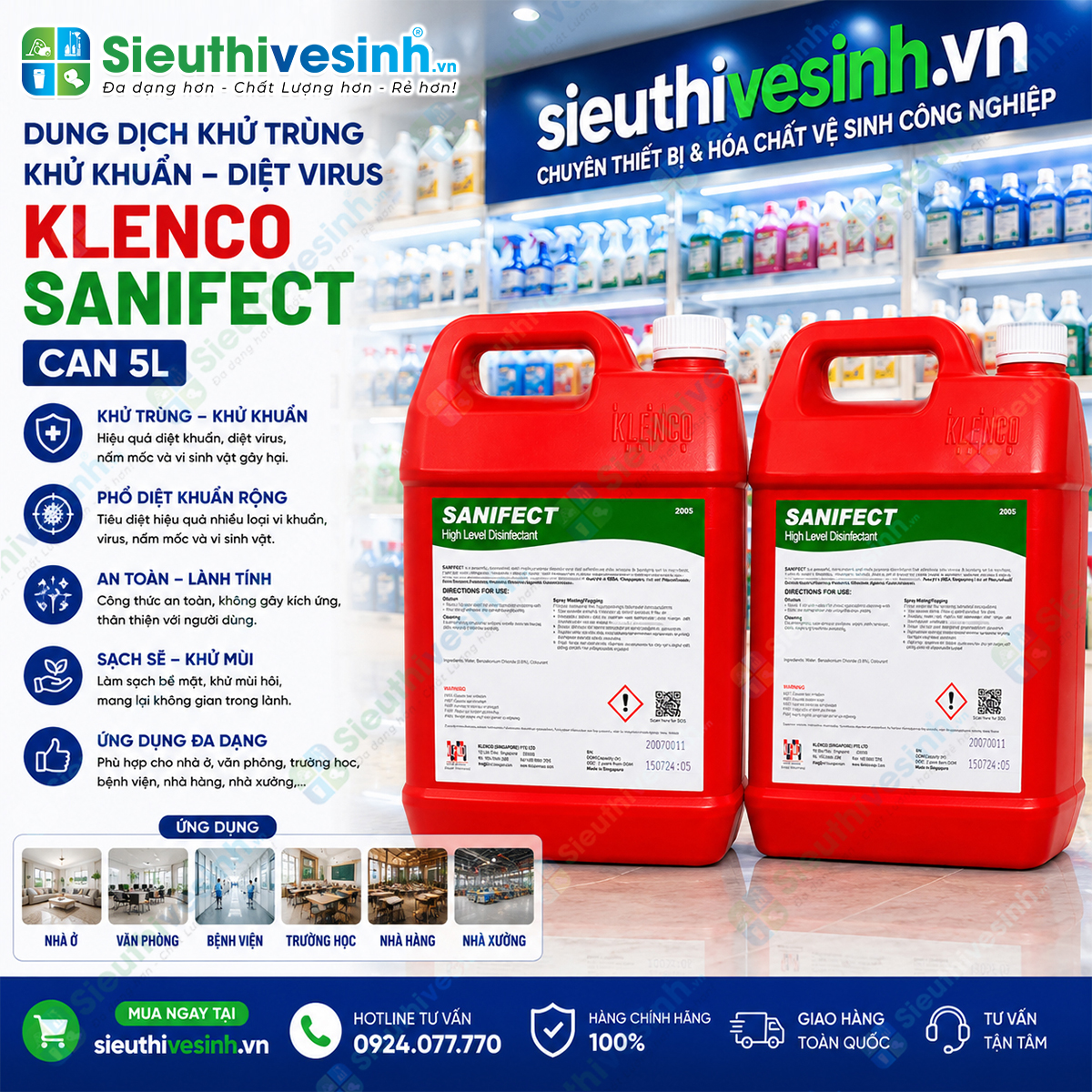 Klenco SANIFECT 5L là dung dịch khử trùng, khử khuẩn và khử mùi chuyên dụng, giúp làm sạch bề mặt và góp phần tạo môi trường vệ sinh an toàn.