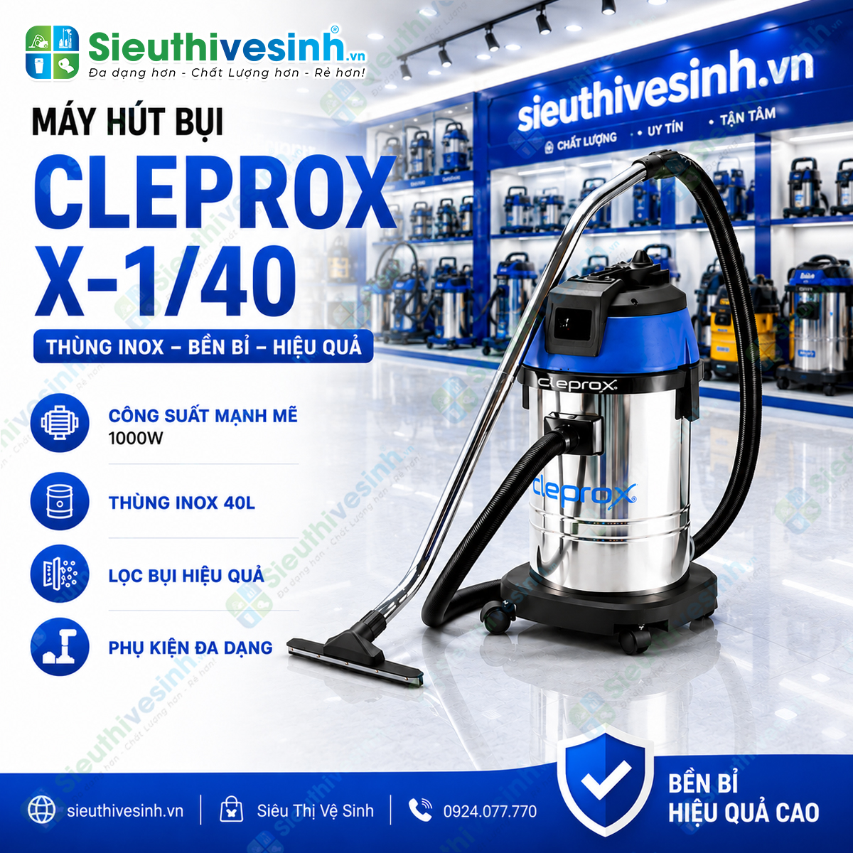 Máy hút bụi CleproX X-1/40 thùng inox công suất 1800W, hút bụi khô và hút nước hiệu quả, phù hợp cho vệ sinh công nghiệp và thương mại.