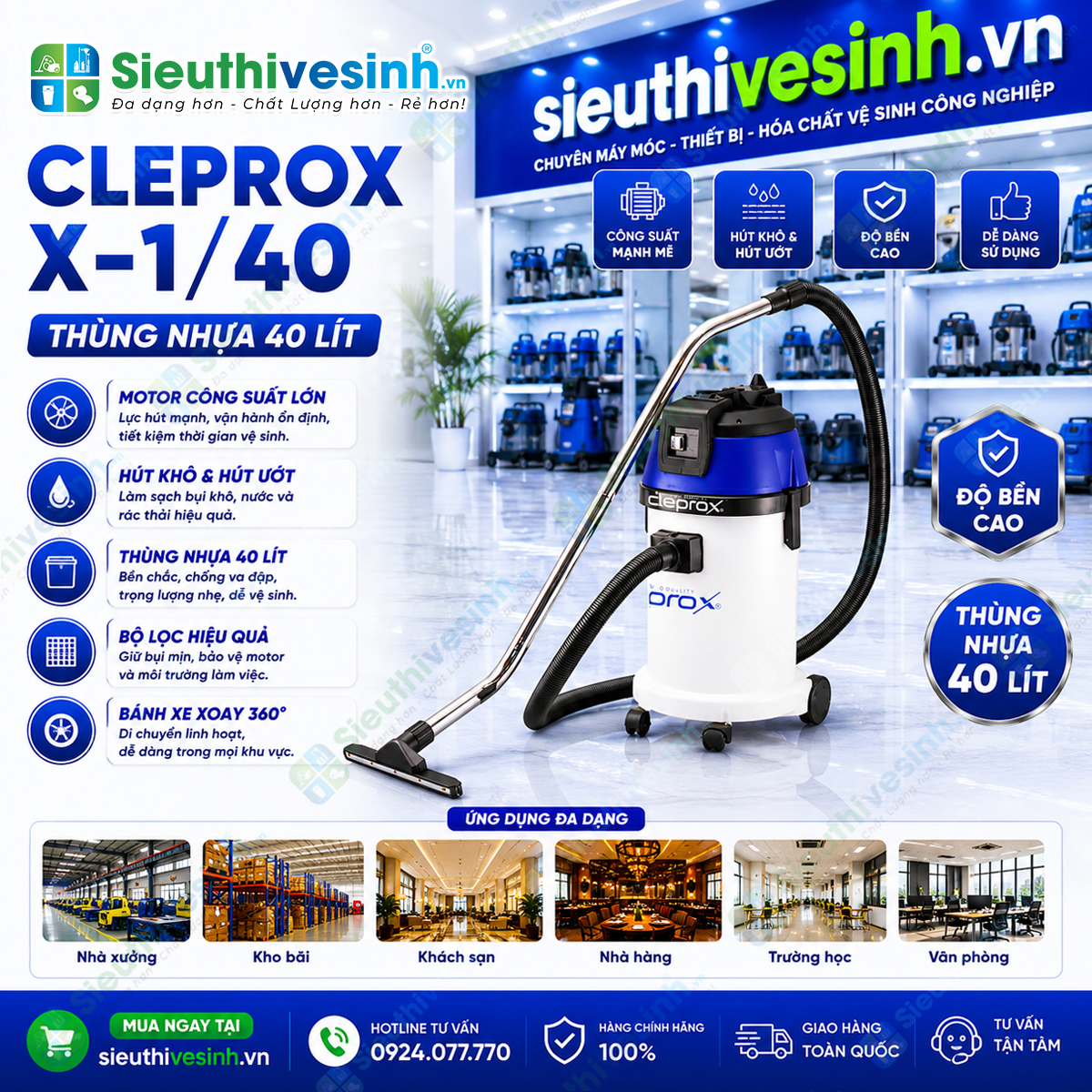 Máy hút bụi CleproX X-1/40 thùng nhựa dung tích 40 lít, công suất 1800W, chuyên dùng cho vệ sinh công nghiệp, hút bụi khô và hút nước hiệu quả.