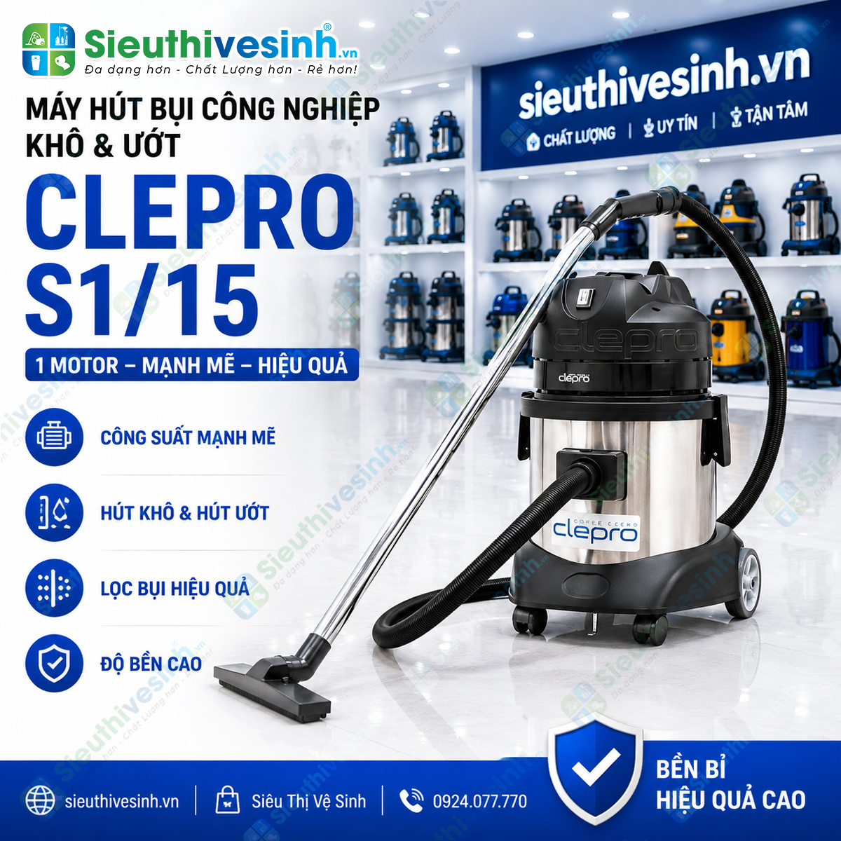 Máy hút bụi công nghiệp CLEPRO S1/15 dung tích 15 lít, công suất 1200W, chuyên dùng hút bụi khô và hút nước cho văn phòng, khách sạn và gia đình.