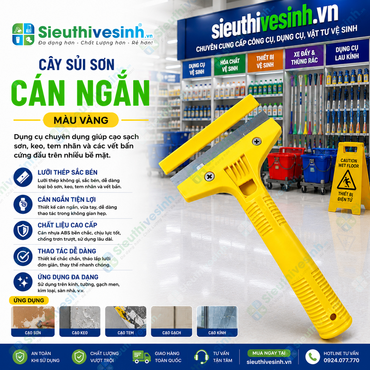 Cây sủi sơn cán ngắn màu vàng giúp cạo sạch sơn, keo, xi măng và các vết bẩn cứng đầu trên kính, gạch và inox một cách nhanh chóng.