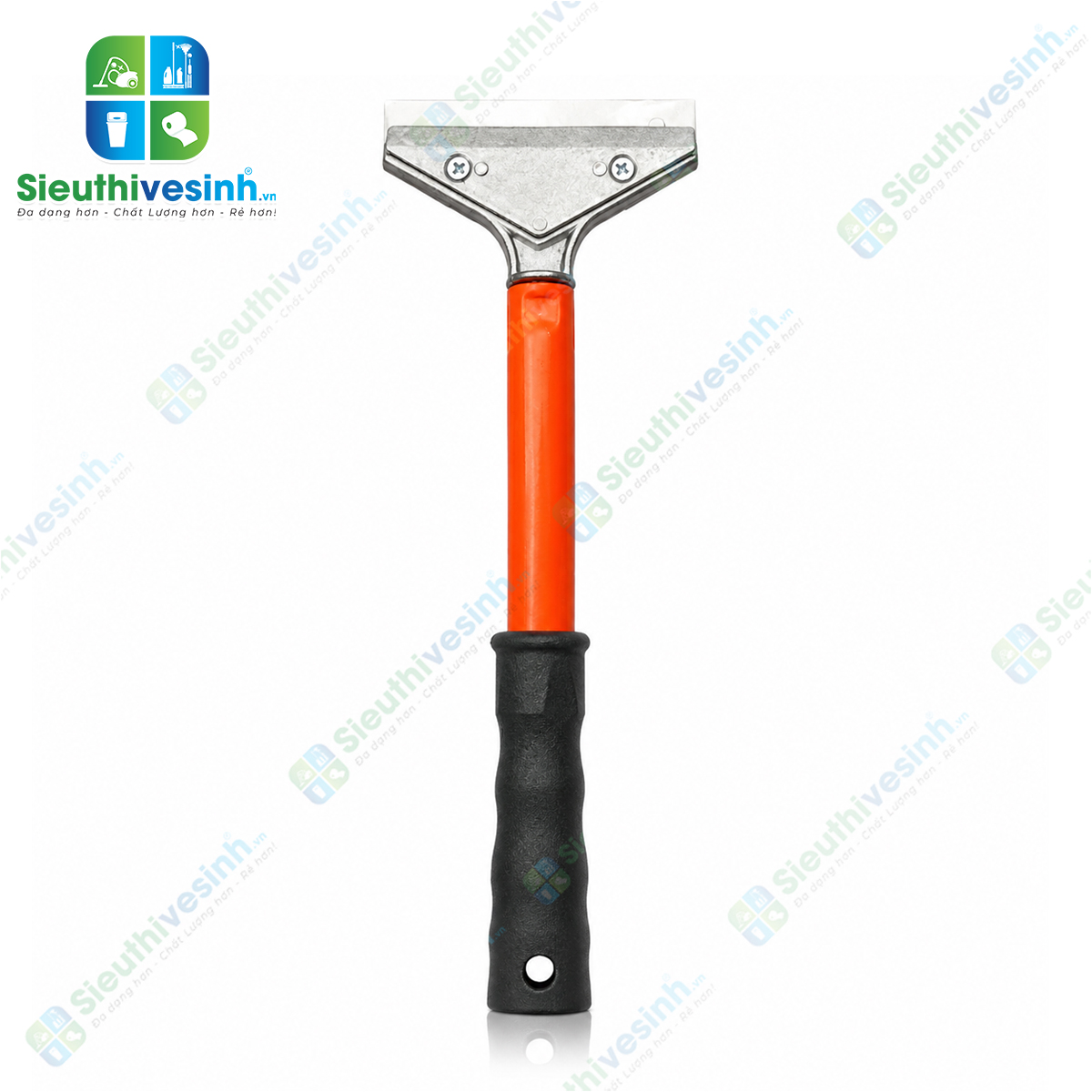 Cây sủi inox cán ngắn 30cm với lưỡi inox rộng 10cm giúp cạo sạch sơn, keo, silicon và xi măng trên kính, gạch men và inox.