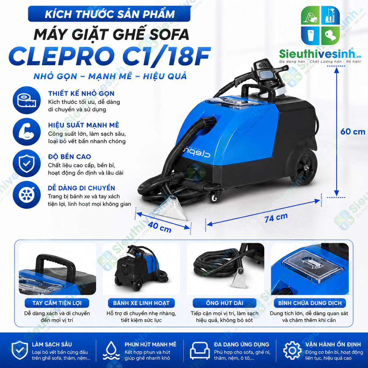 Máy giặt ghế Sofa CLEPRO C1/18F sử dụng công nghệ phun hút hiện đại giúp làm sạch sâu ghế sofa, thảm, nệm và nội thất ô tô.