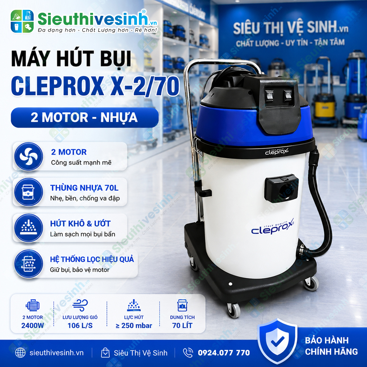 Máy hút bụi công nghiệp khô ướt CleproX X2/70 thùng nhựa