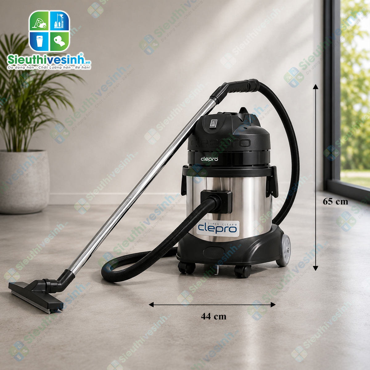 Máy hút bụi công nghiệp CLEPRO S1/15 dung tích 15 lít, công suất 1200W, chuyên dùng hút bụi khô và hút nước cho văn phòng, khách sạn và gia đình.