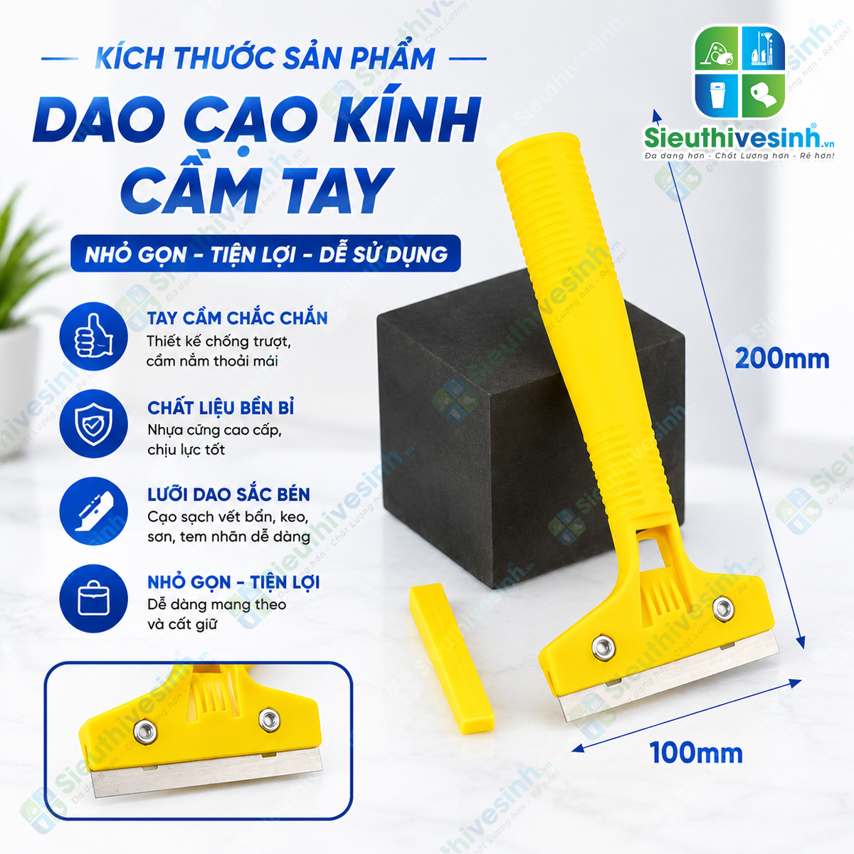 Cây sủi sơn cán ngắn màu vàng giúp cạo sạch sơn, keo, xi măng và các vết bẩn cứng đầu trên kính, gạch và inox một cách nhanh chóng.