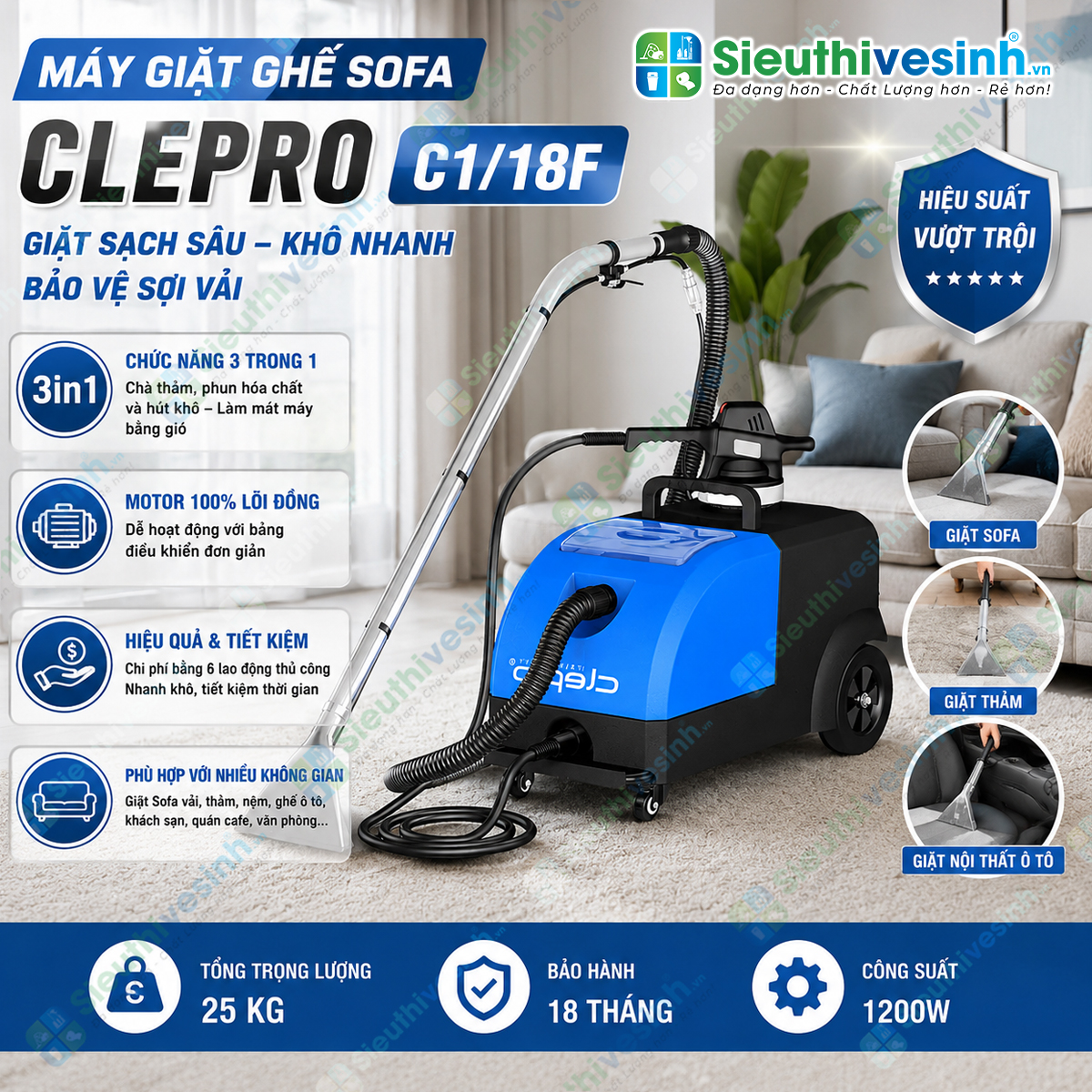 Máy giặt ghế Sofa CLEPRO C1/18F sử dụng công nghệ phun hút hiện đại giúp làm sạch sâu ghế sofa, thảm, nệm và nội thất ô tô.