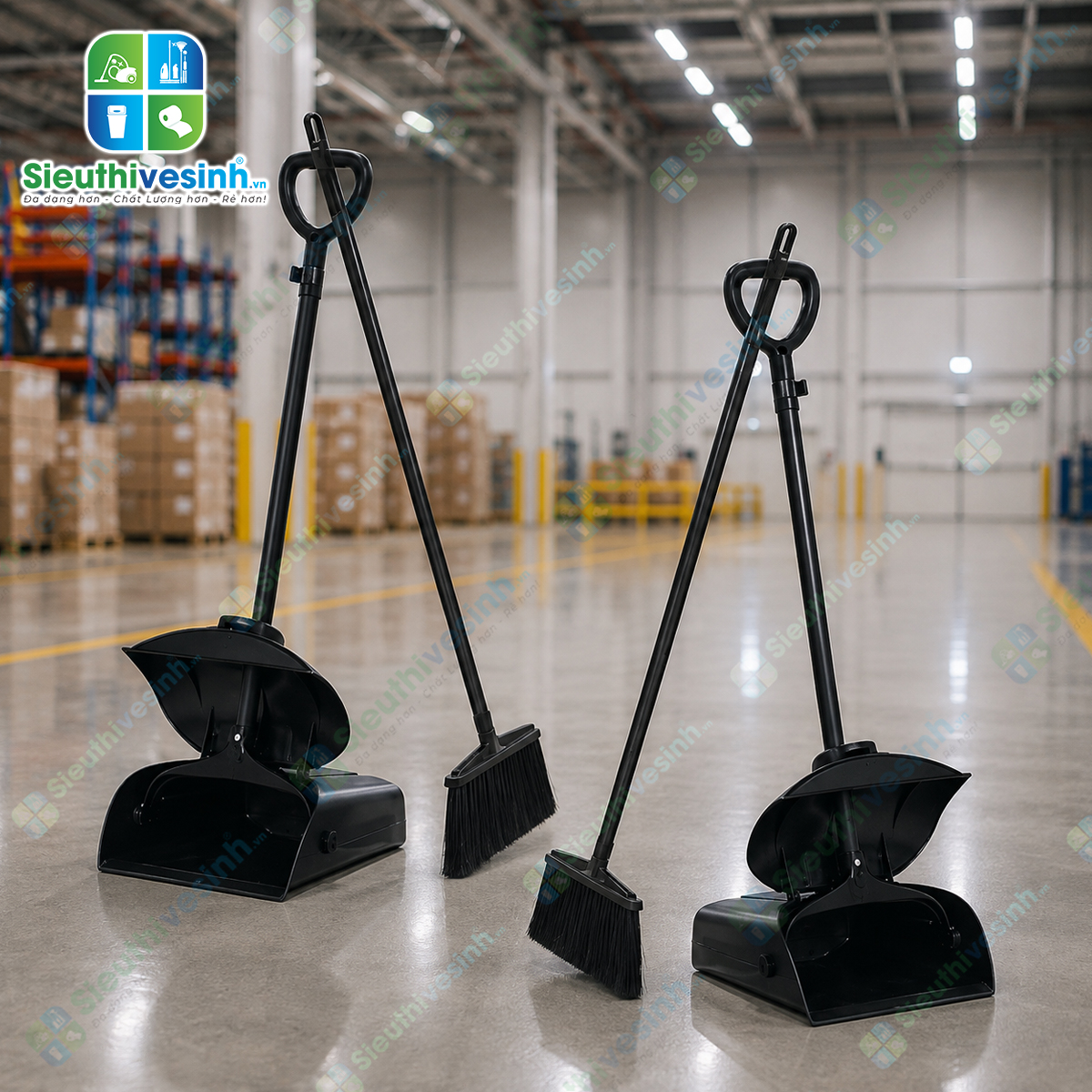 Bộ chổi và ky hốt rác có nắp đậy giúp quét, thu gom và chứa rác nhanh chóng, hạn chế bụi bẩn phát tán.