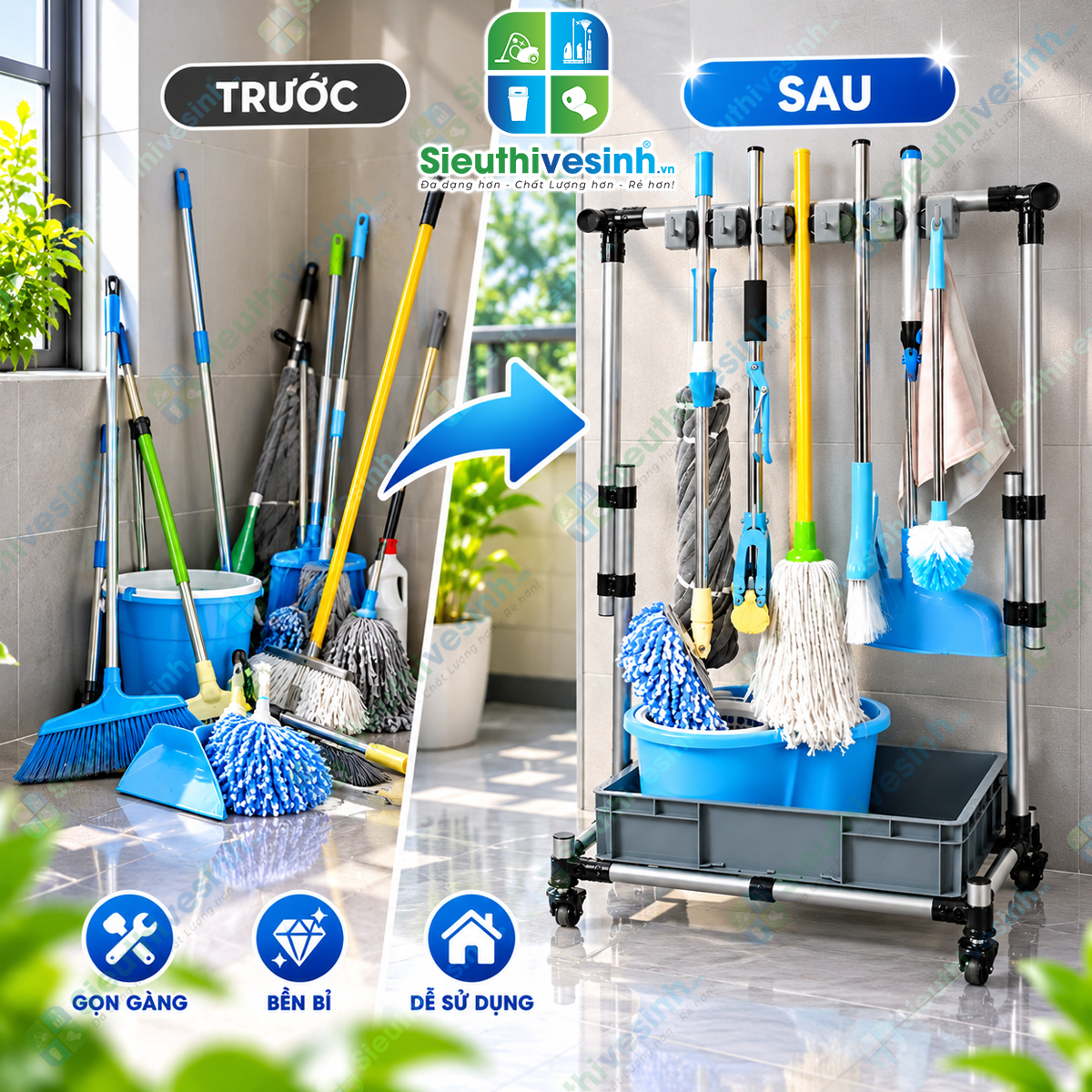 Giá treo cây lau nhà FY1012H dùng để treo, sắp xếp và trưng bày chổi, cây lau nhà, cây gạt nước và dụng cụ vệ sinh.