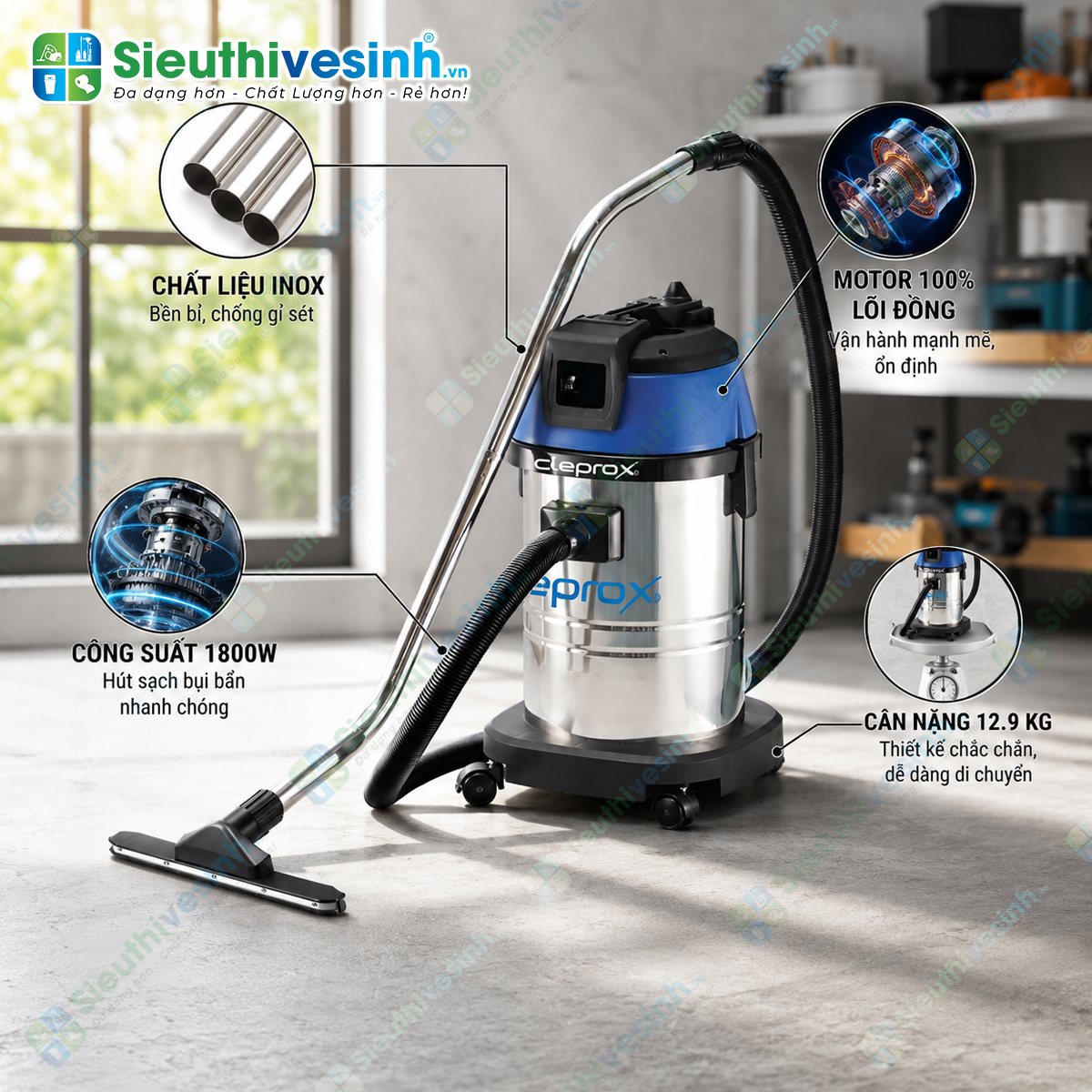 Máy hút bụi CleproX X-1/40 thùng inox công suất 1800W, hút bụi khô và hút nước hiệu quả, phù hợp cho vệ sinh công nghiệp và thương mại.