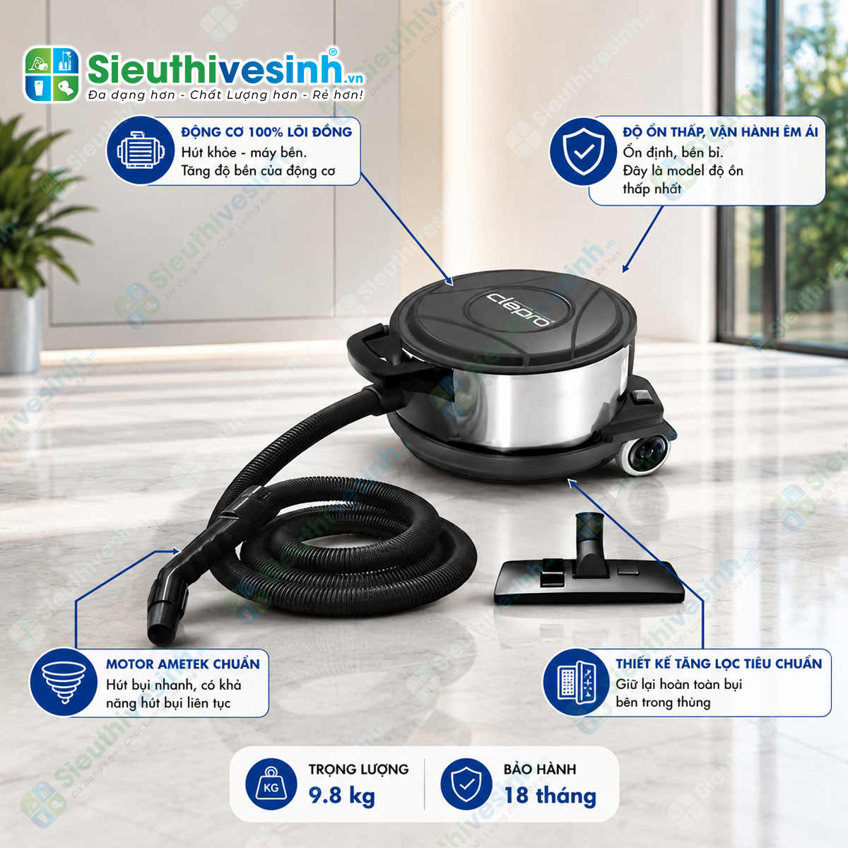 Máy hút bụi không ồn Clepro CP-101 được thiết kế dành riêng cho khách sạn, văn phòng và những khu vực yêu cầu môi trường làm việc yên tĩnh.