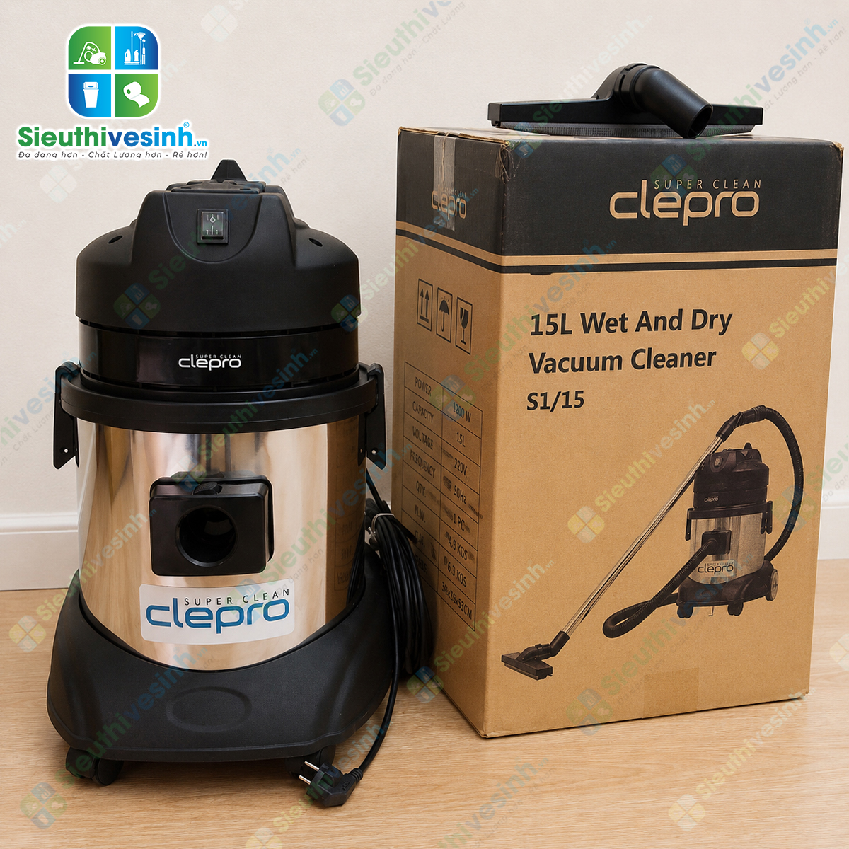Máy hút bụi công nghiệp CLEPRO S1/15 dung tích 15 lít, công suất 1200W, chuyên dùng hút bụi khô và hút nước cho văn phòng, khách sạn và gia đình.