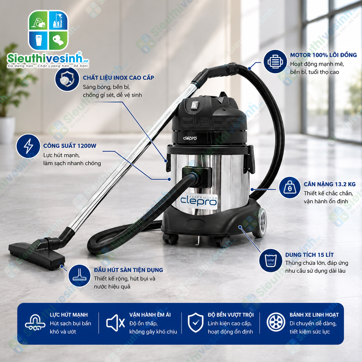 Máy hút bụi công nghiệp CLEPRO S1/15 dung tích 15 lít, công suất 1200W, chuyên dùng hút bụi khô và hút nước cho văn phòng, khách sạn và gia đình.