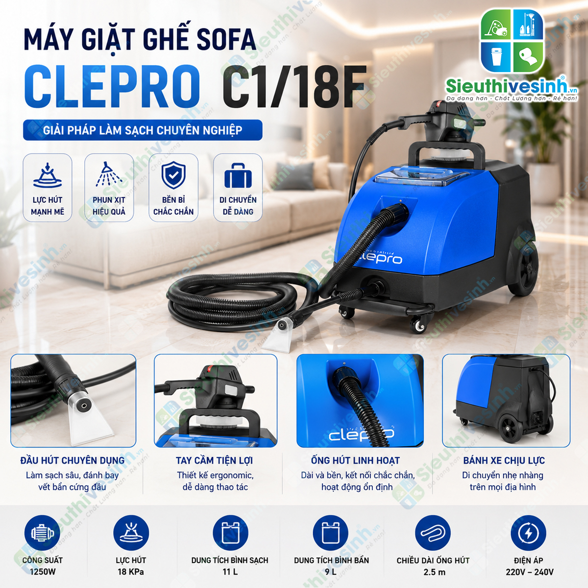 Máy giặt ghế Sofa CLEPRO C1/18F sử dụng công nghệ phun hút hiện đại giúp làm sạch sâu ghế sofa, thảm, nệm và nội thất ô tô.